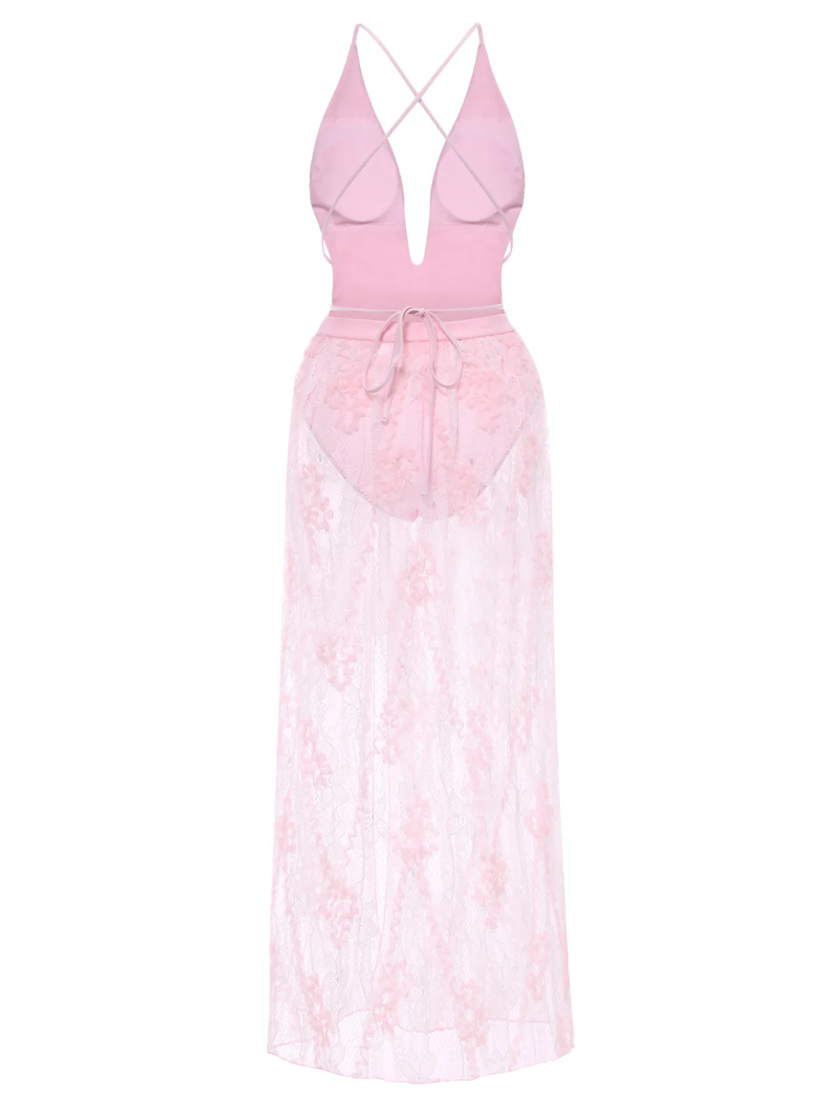 2PCS 1940s Deep-V One-Piece Swimsuit & Lace Cover-Up - Image 5