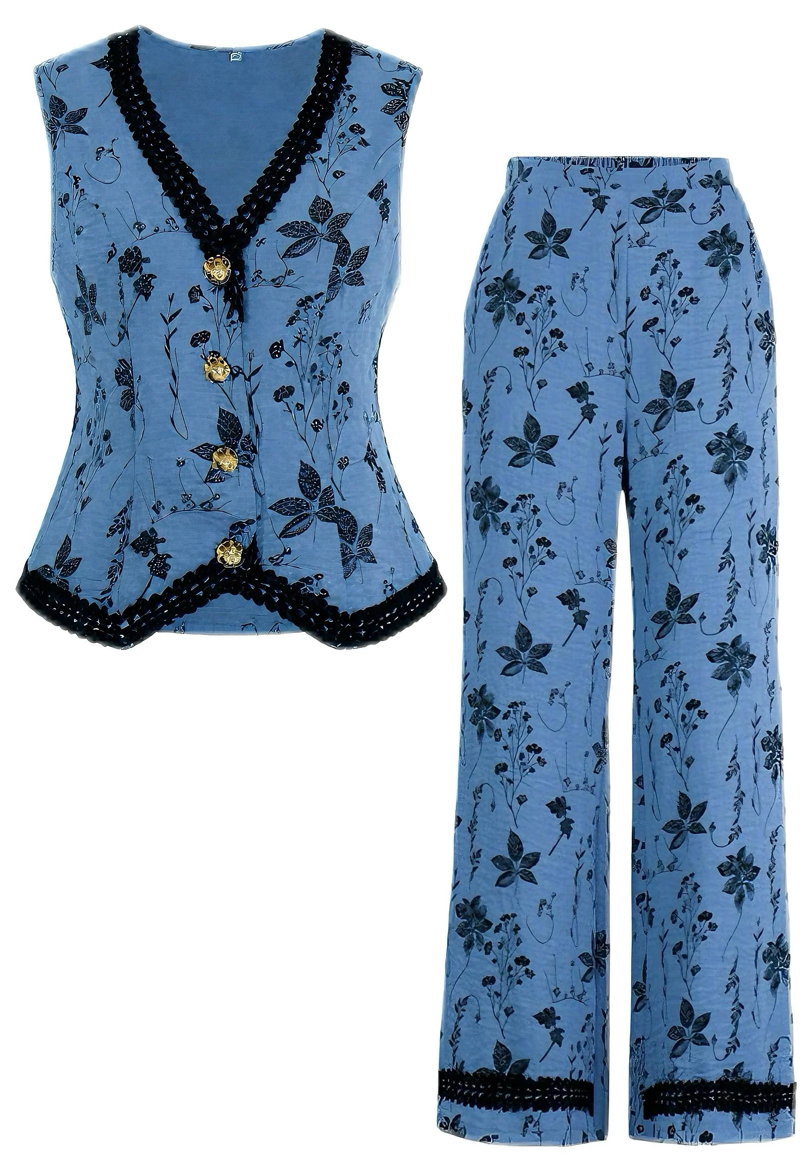 2PCS 1940s Floral Hem V-Neck Vest & Pants - Image 3
