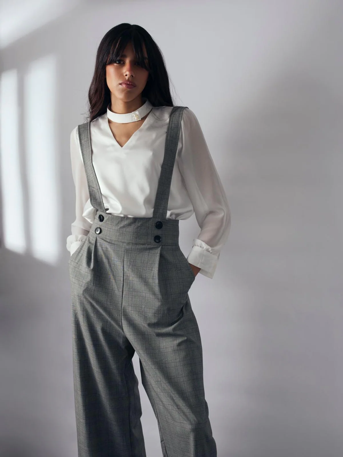 2PCS 1940s Satin Puff Sleeve Blouse & Glen Plaid Overall Pants - Image 2