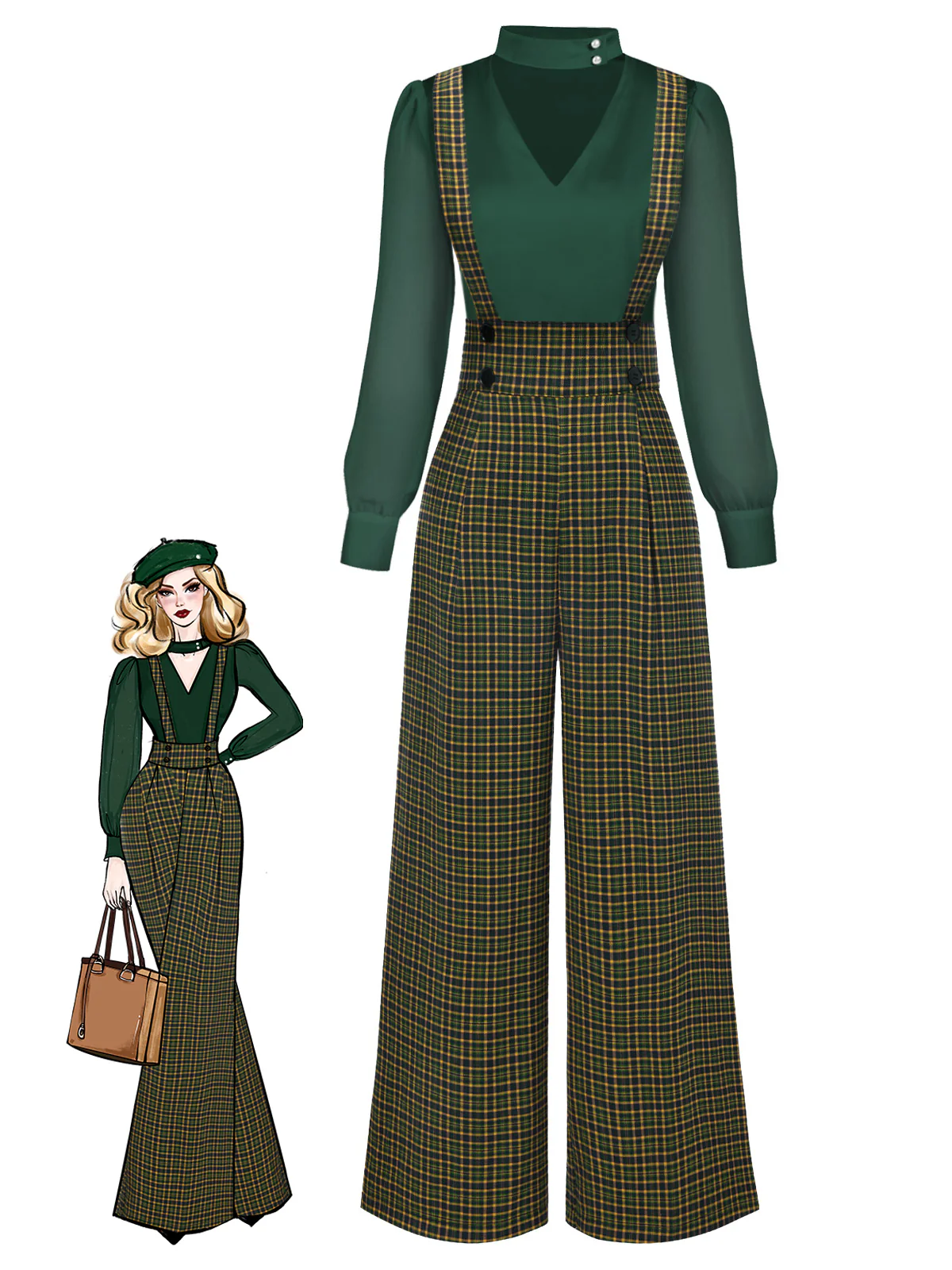 2PCS 1940s Satin Puff Sleeve Blouse & Glen Plaid Overall Pants - Image 11