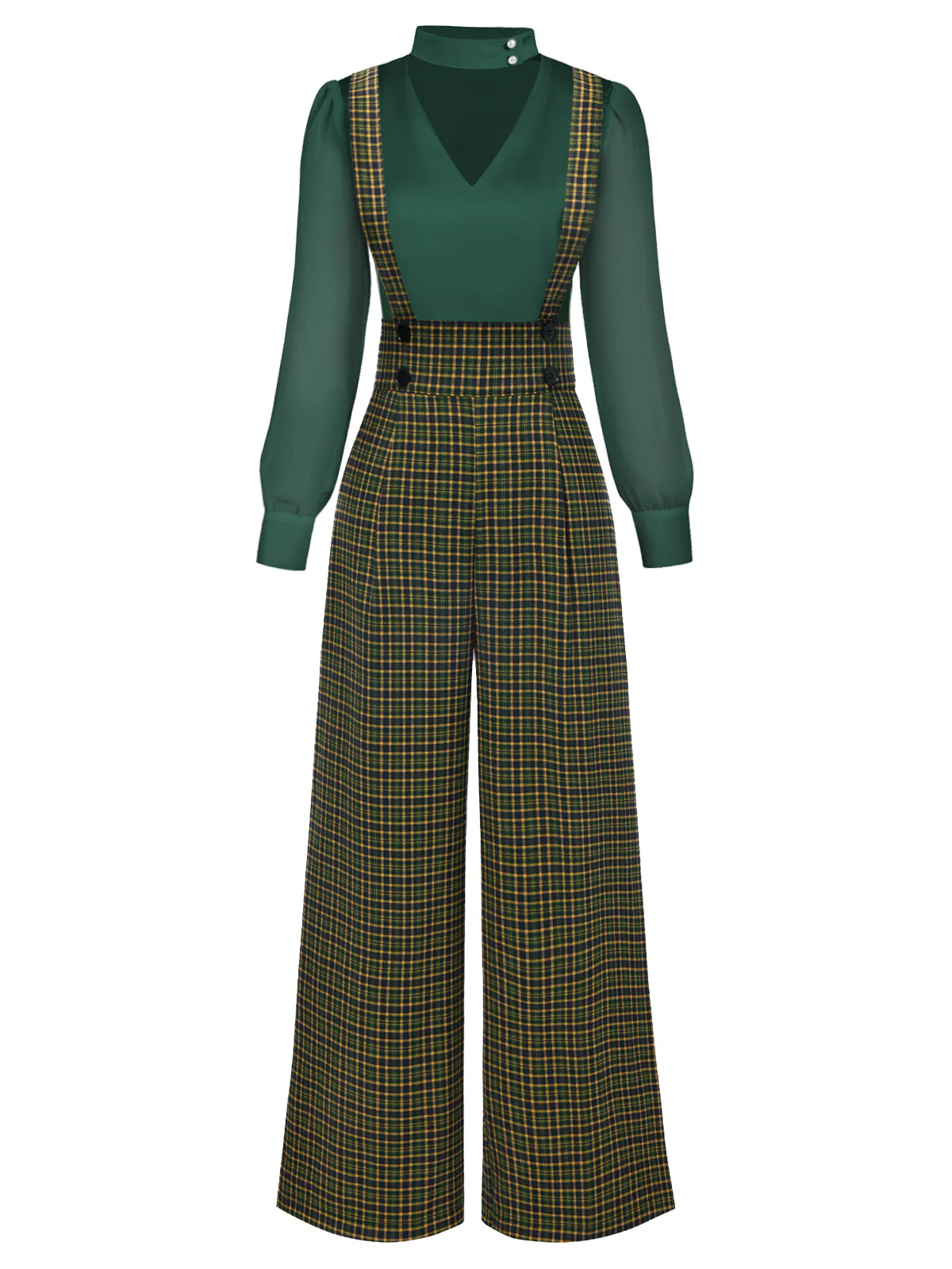 2PCS 1940s Satin Puff Sleeve Blouse & Glen Plaid Overall Pants - Image 12