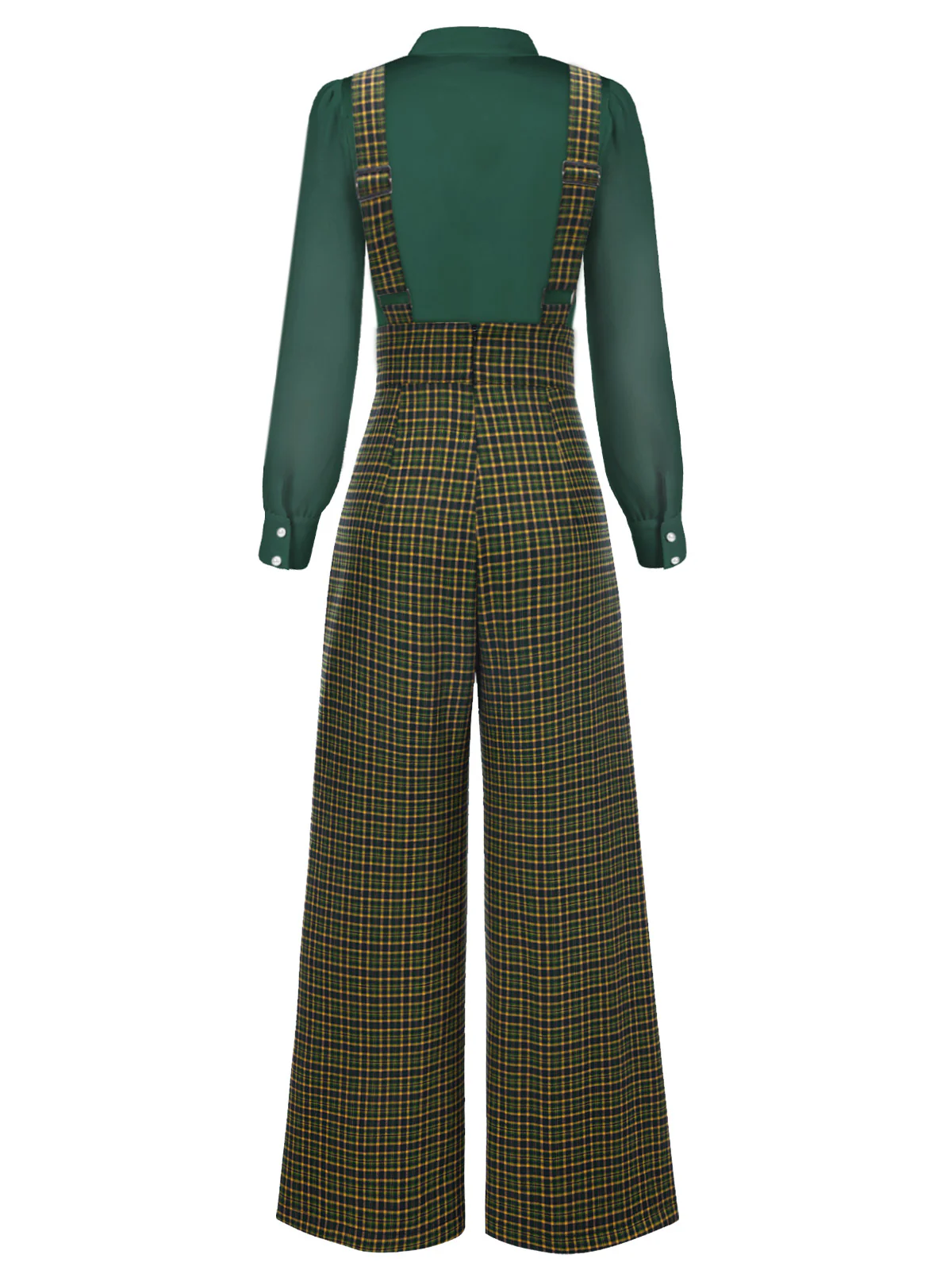 2PCS 1940s Satin Puff Sleeve Blouse & Glen Plaid Overall Pants - Image 13