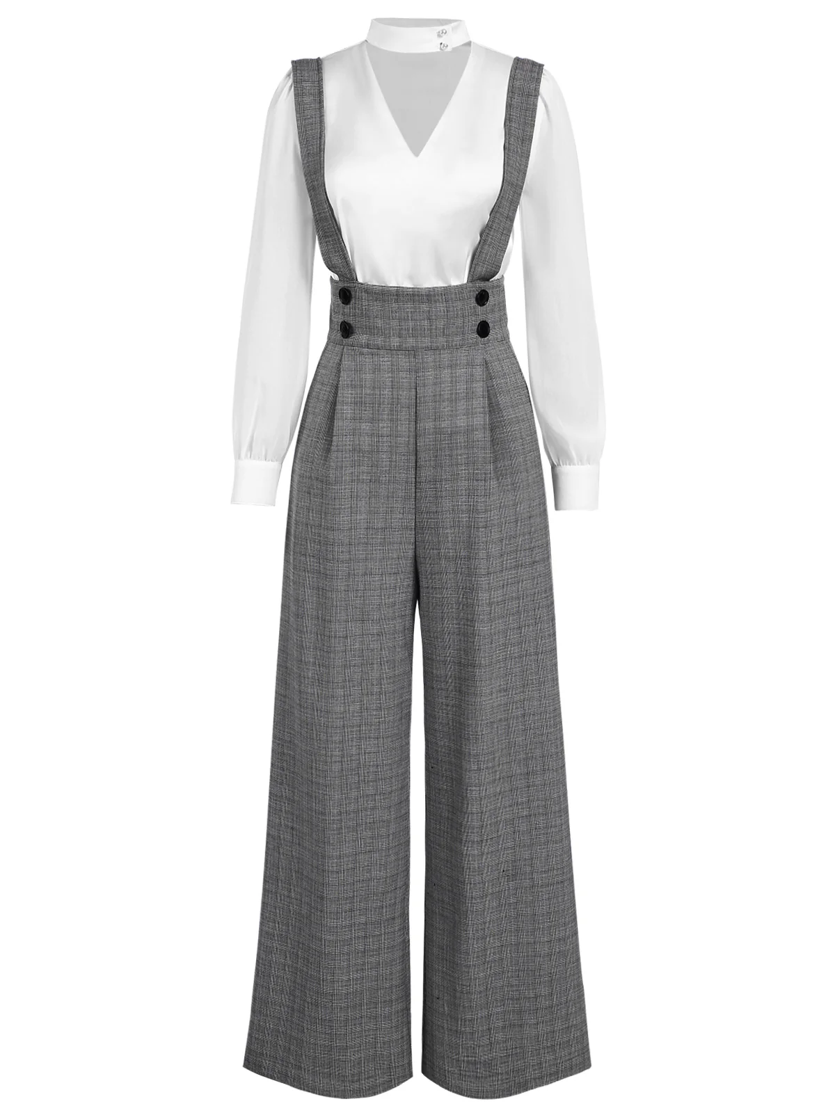2PCS 1940s Satin Puff Sleeve Blouse & Glen Plaid Overall Pants - Image 2
