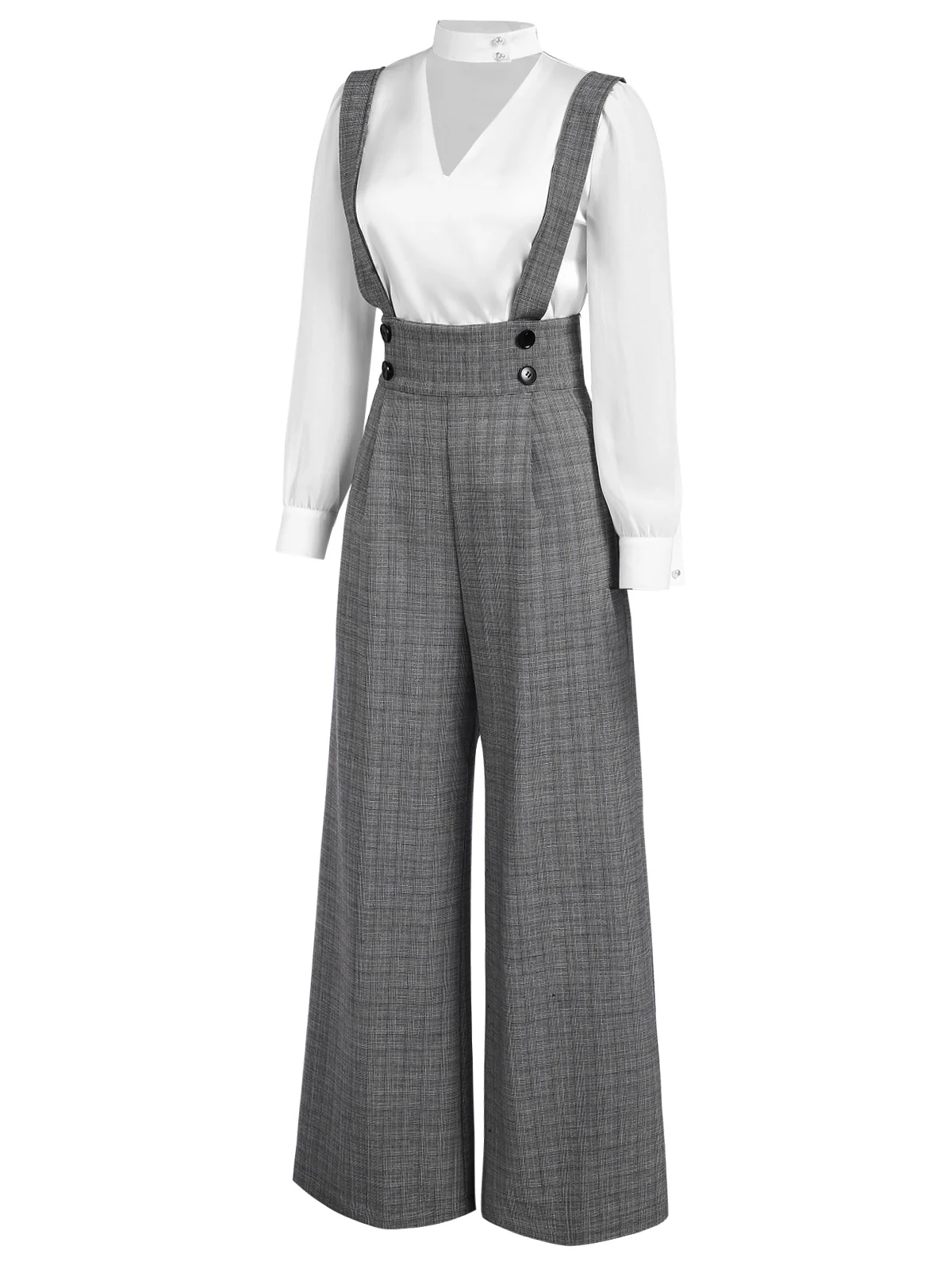 2PCS 1940s Satin Puff Sleeve Blouse & Glen Plaid Overall Pants - Image 3