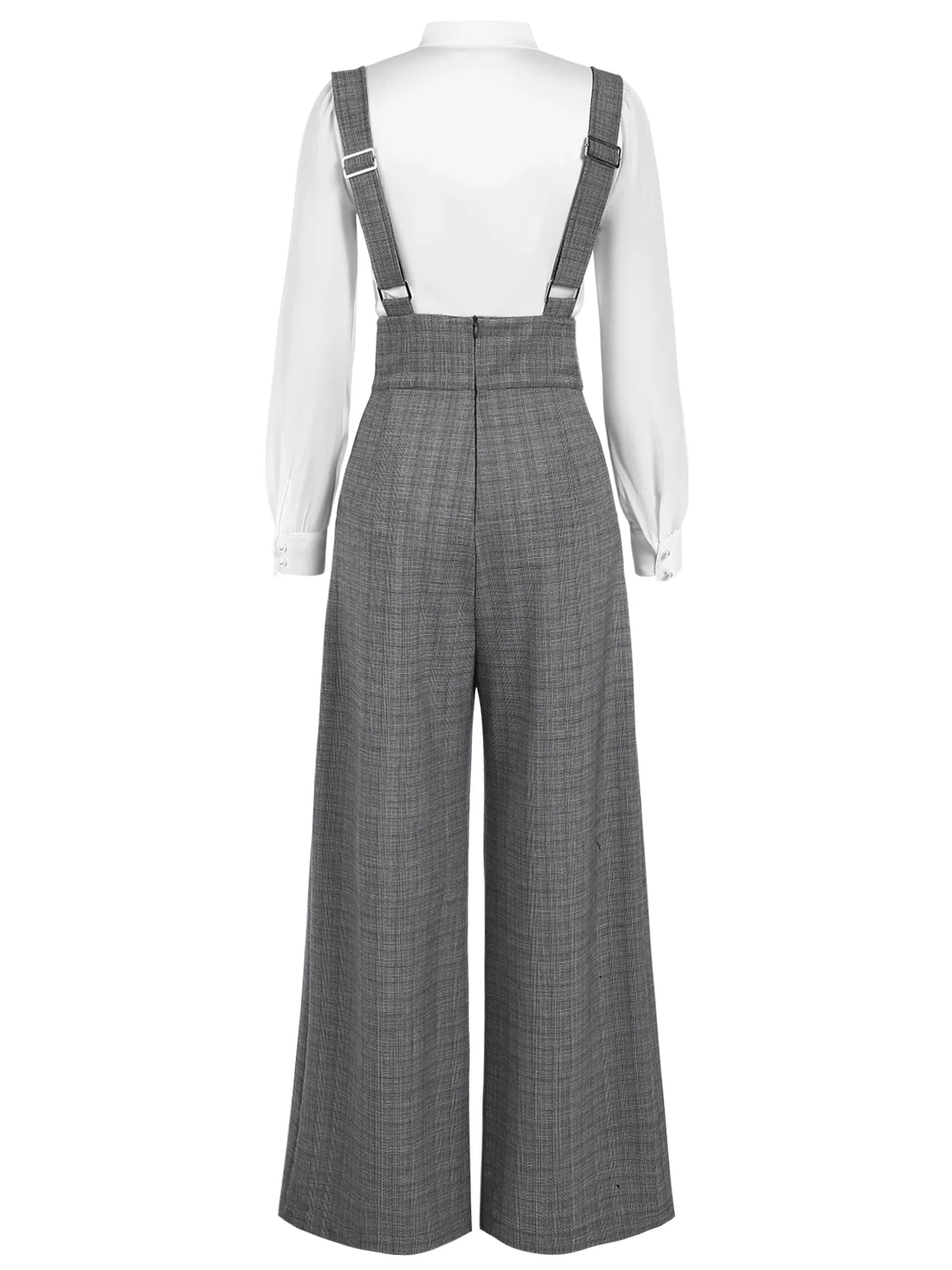 2PCS 1940s Satin Puff Sleeve Blouse & Glen Plaid Overall Pants - Image 4