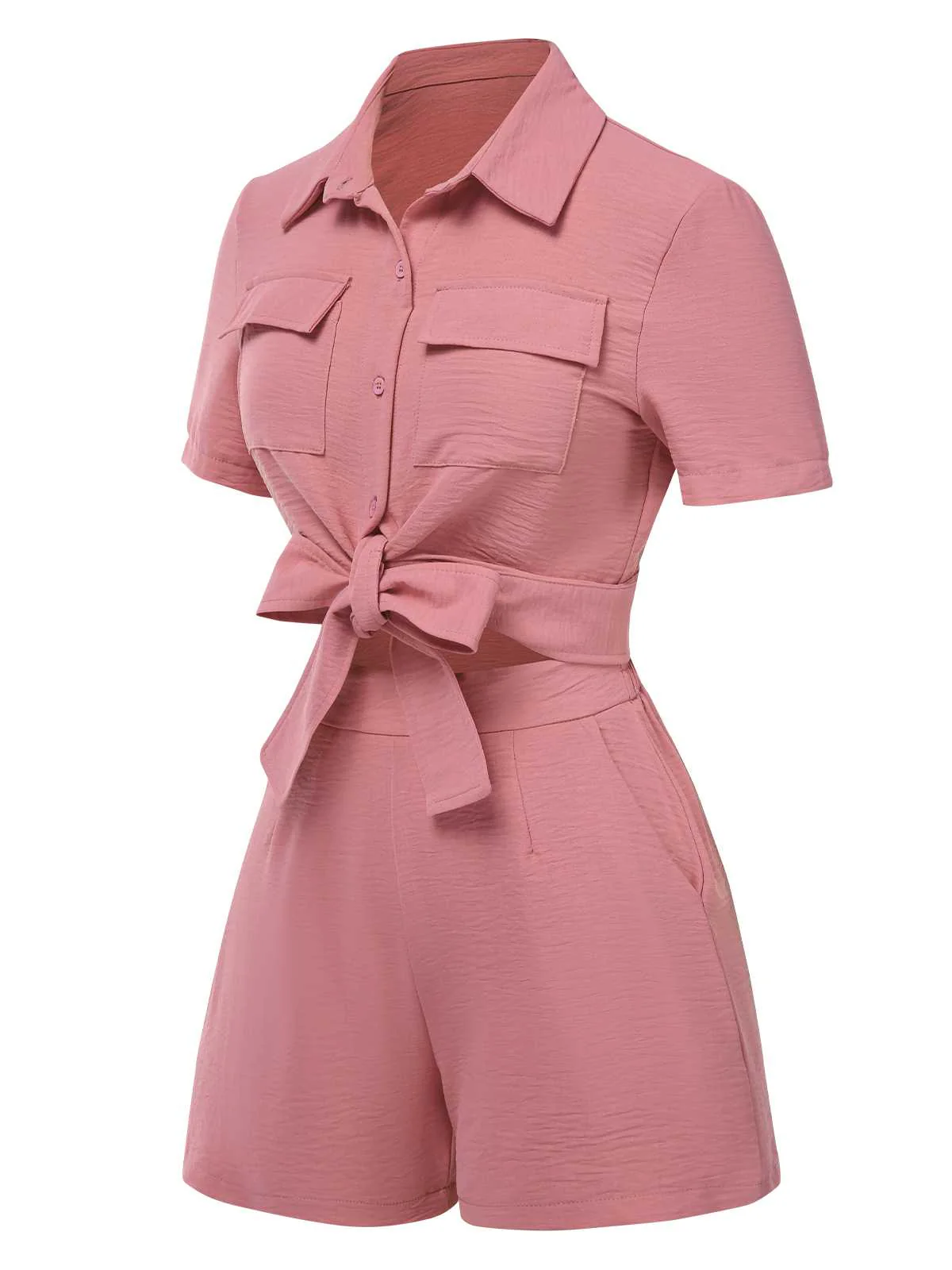 2PCS 1940s Solid Lace-Up Top & High-Waist Shorts - Image 2