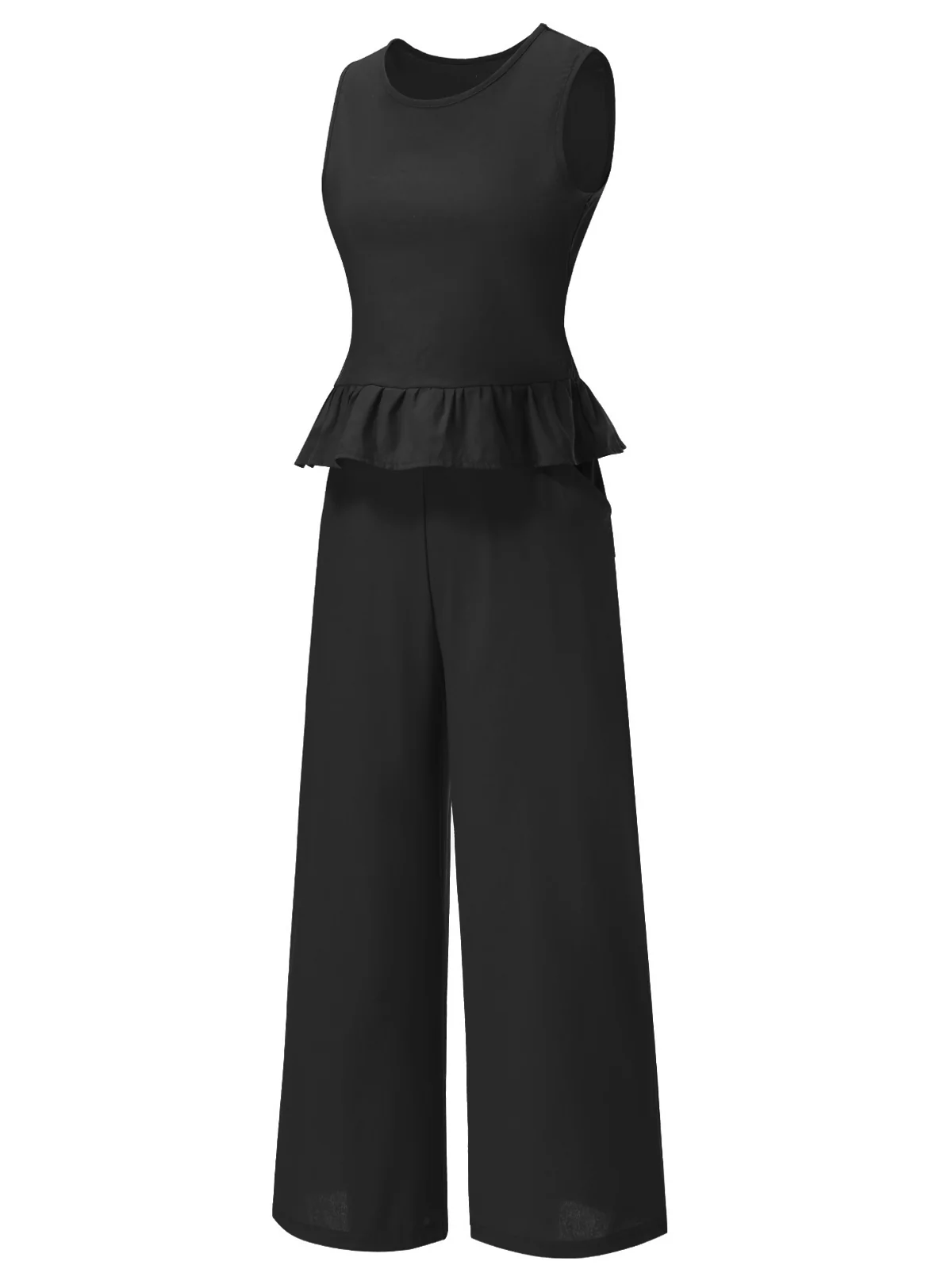 2PCS 1940s Solid Ruffle Tank Top & Straight Pants - Image 2