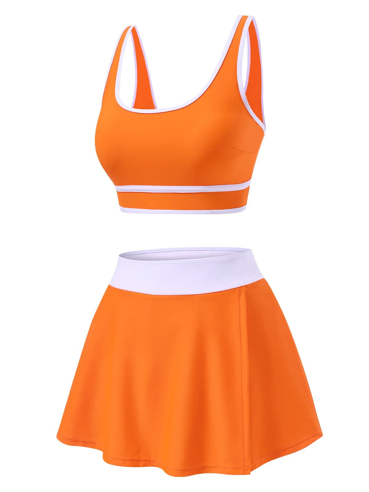 2PCS 1940s Square Neck Side Slit Colorblock Skirt Swimsuit - Image 2