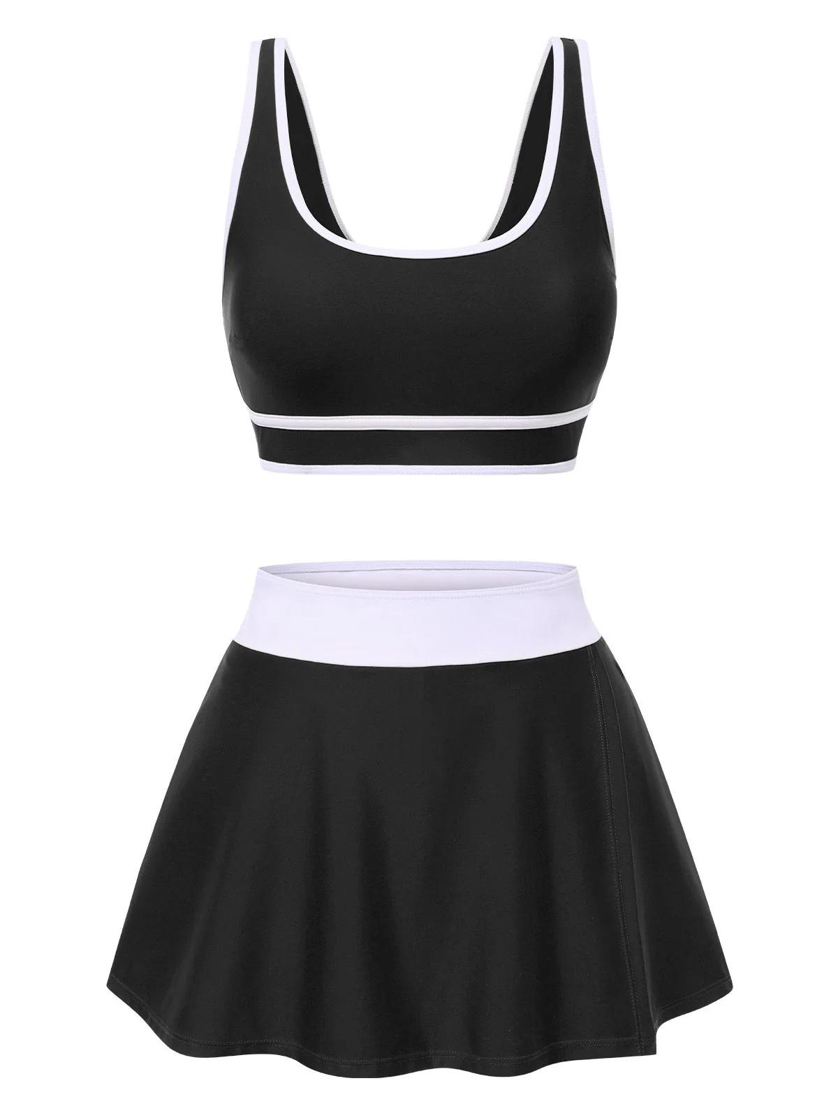 2PCS 1940s Square Neck Side Slit Colorblock Skirt Swimsuit - Image 4