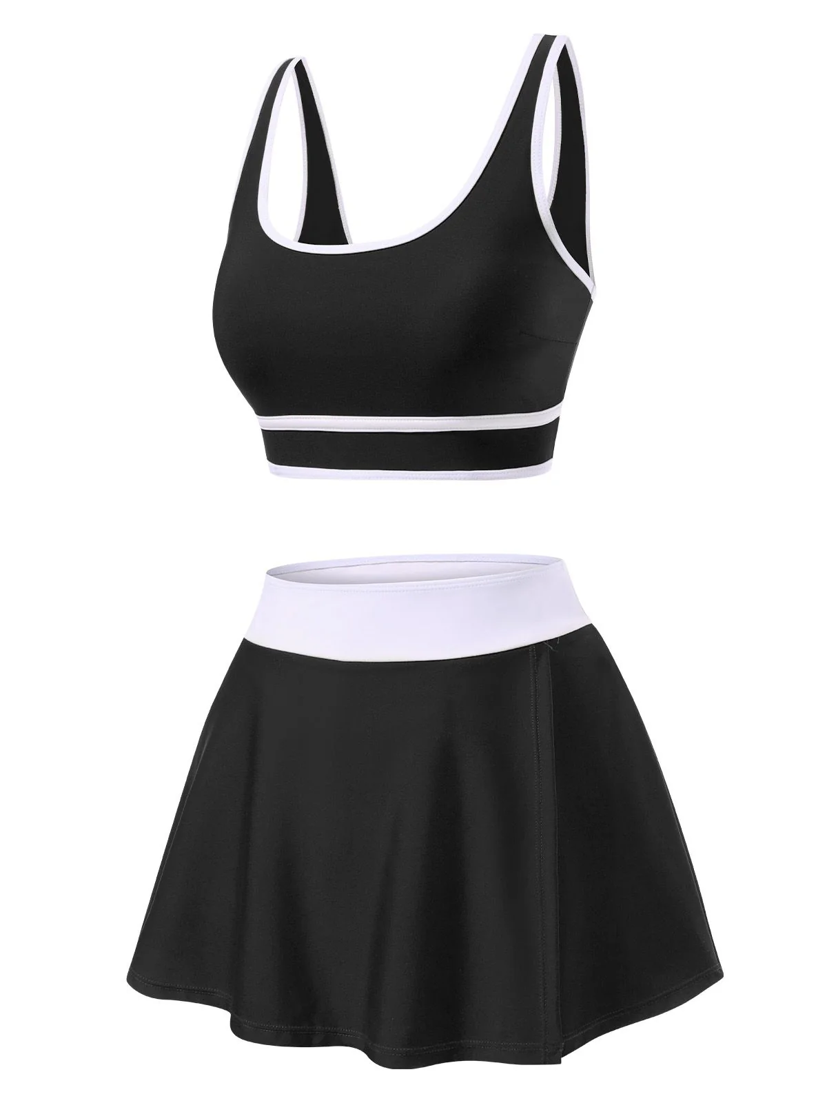 2PCS 1940s Square Neck Side Slit Colorblock Skirt Swimsuit - Image 5