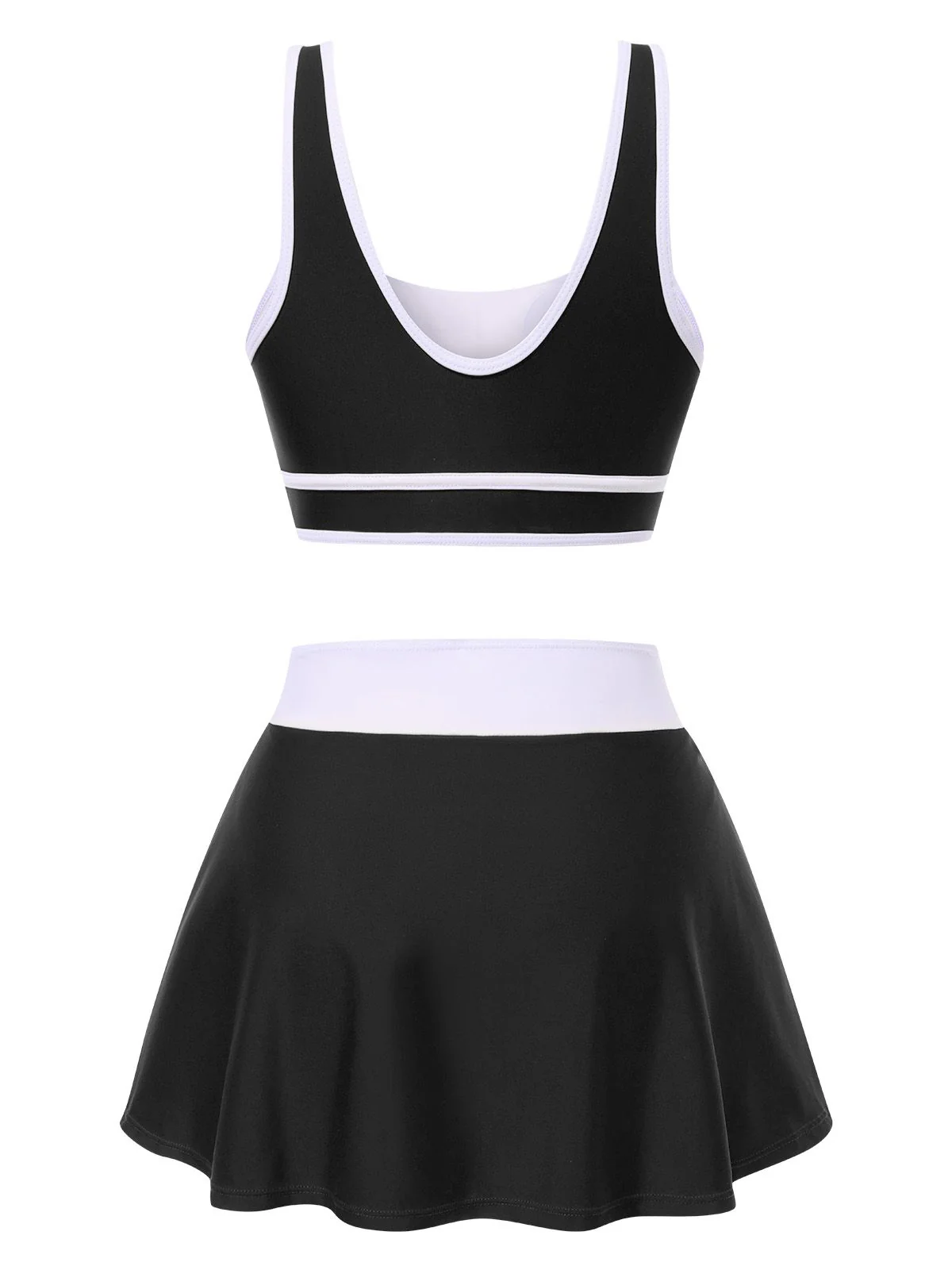 2PCS 1940s Square Neck Side Slit Colorblock Skirt Swimsuit - Image 6