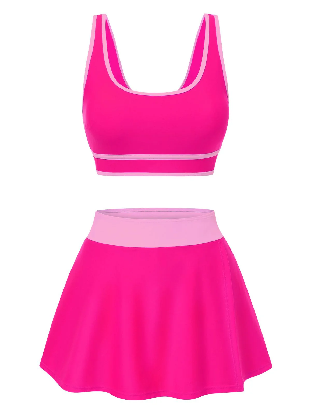 2PCS 1940s Square Neck Side Slit Colorblock Skirt Swimsuit - Image 7