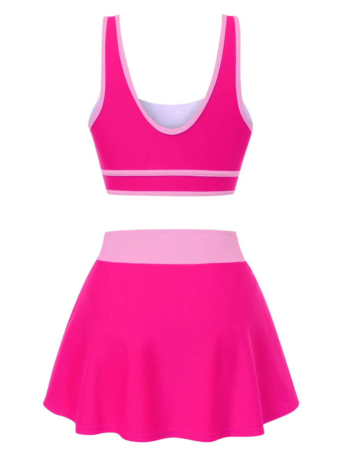 2PCS 1940s Square Neck Side Slit Colorblock Skirt Swimsuit - Image 9
