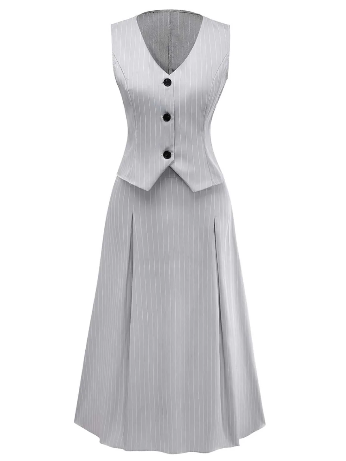 2PCS 1940s Stripe Sleeveless Vest & Midi Skirt - Image 2