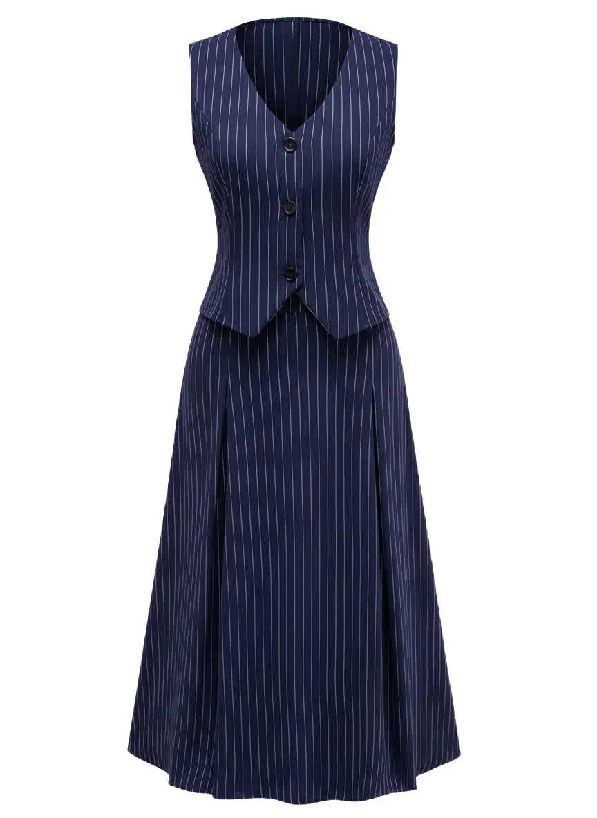 2PCS 1940s Stripe Sleeveless Vest & Midi Skirt - Image 7