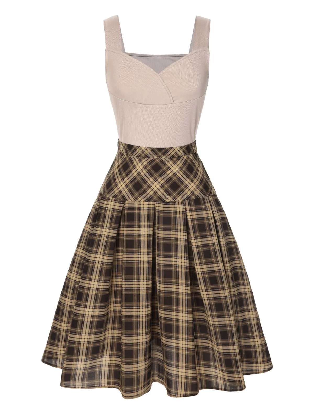 2PCS 1950s Beige Knitted Top & Plaid Pleated Skirt - Image 2