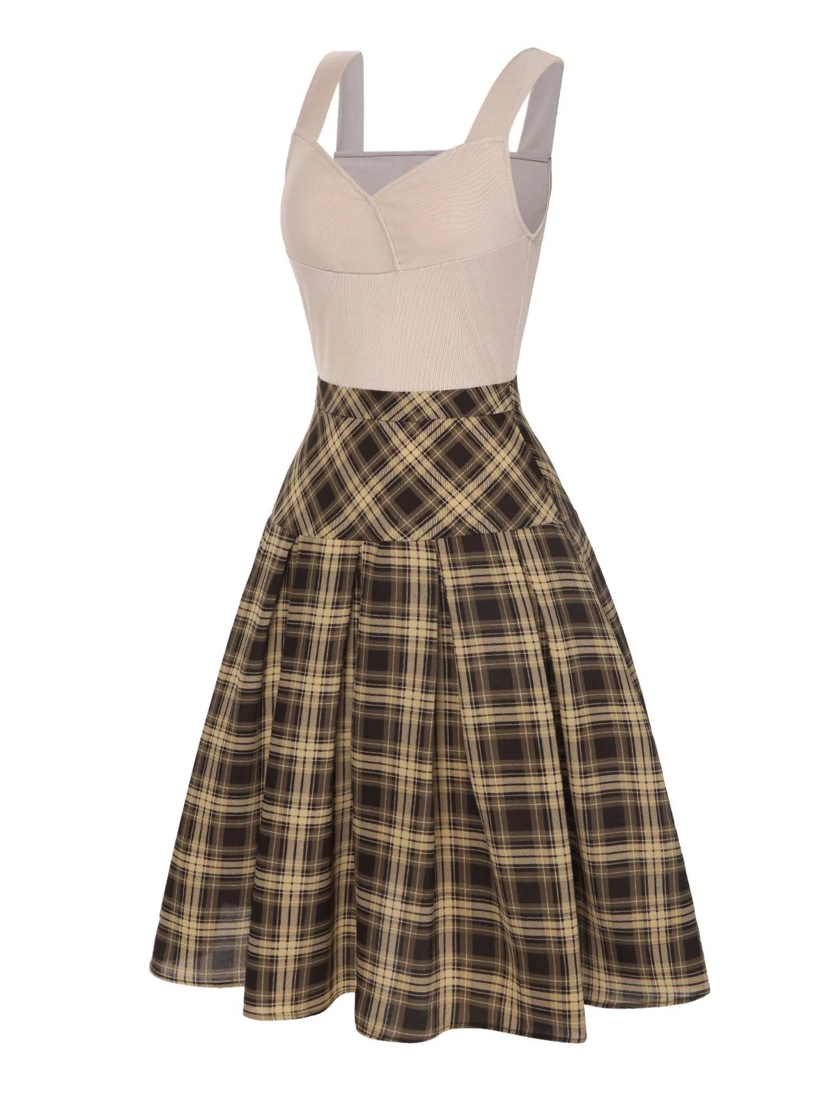 2PCS 1950s Beige Knitted Top & Plaid Pleated Skirt - Image 3