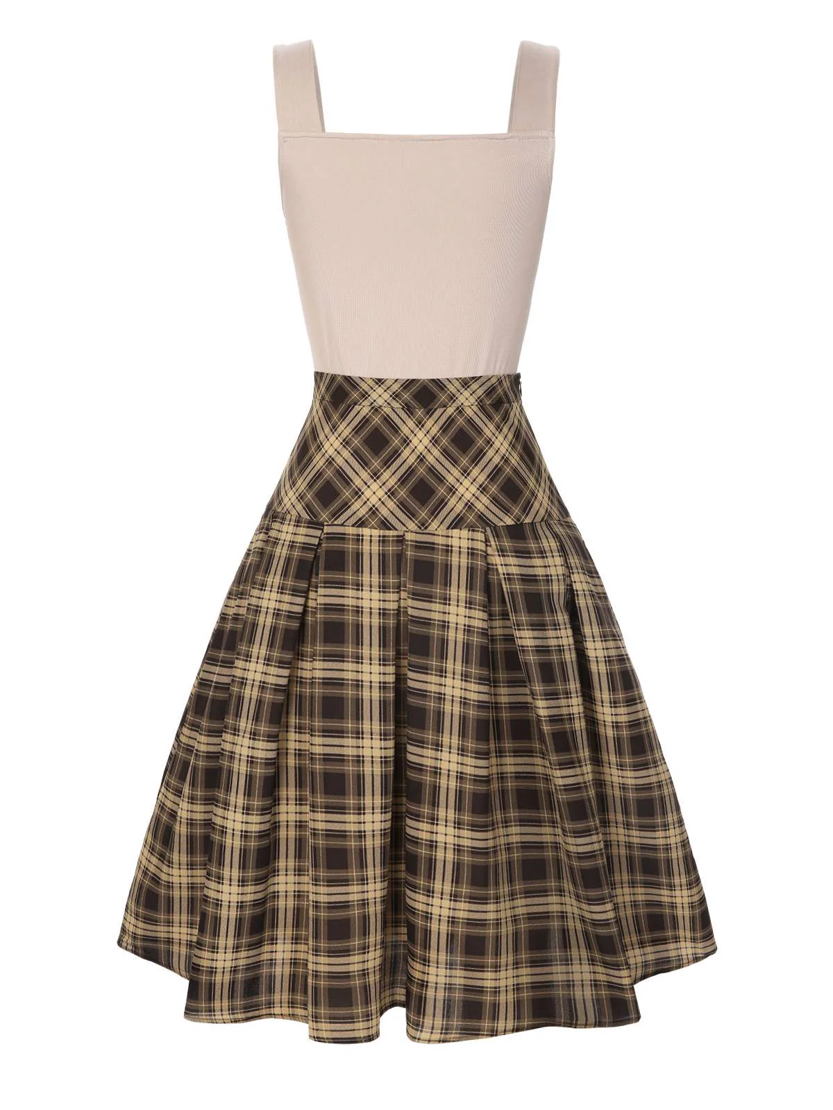 2PCS 1950s Beige Knitted Top & Plaid Pleated Skirt - Image 4