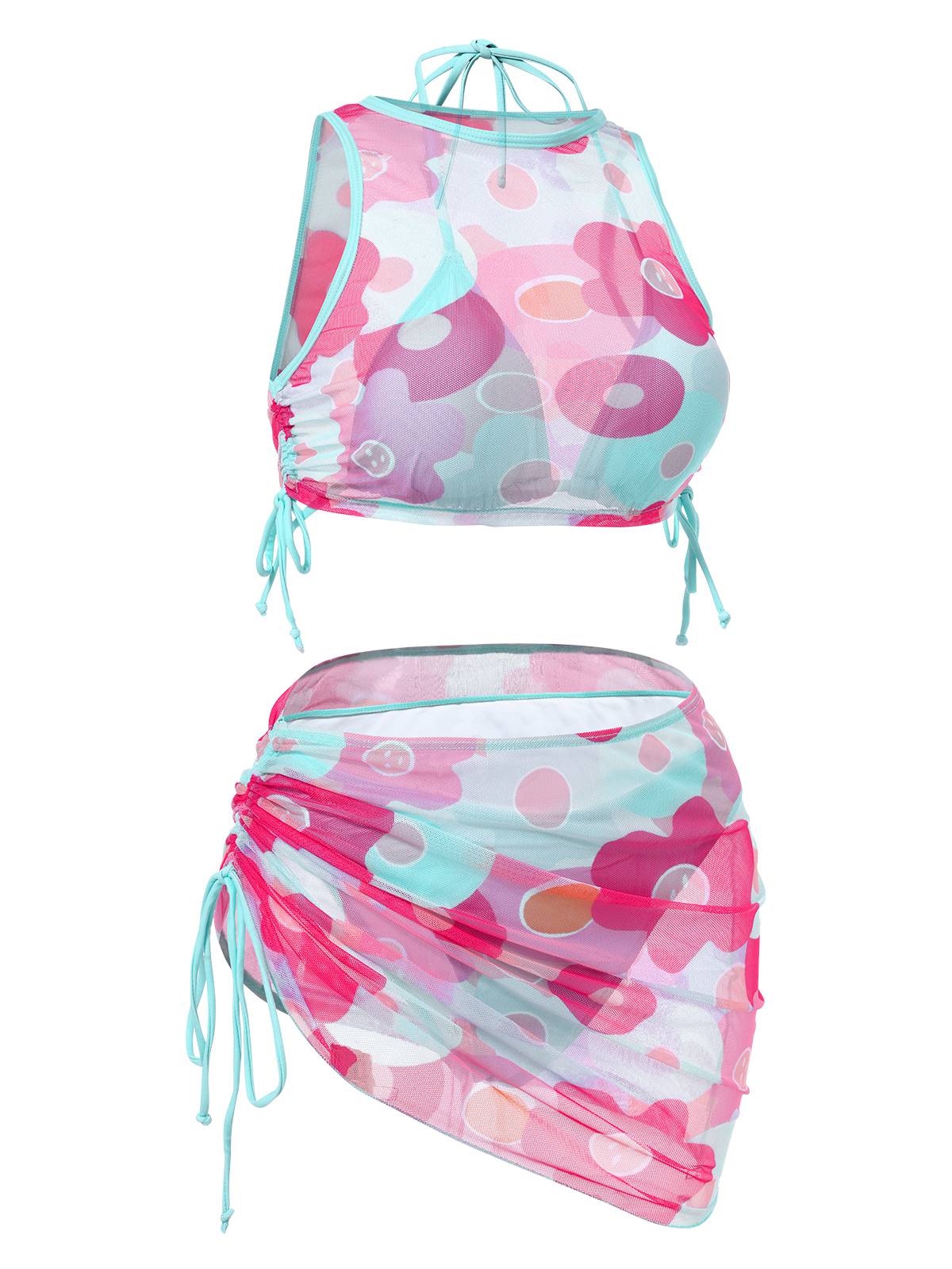 2PCS 1950s Blue Solid Swimsuit & Pink Floral Cover-Up - Image 2