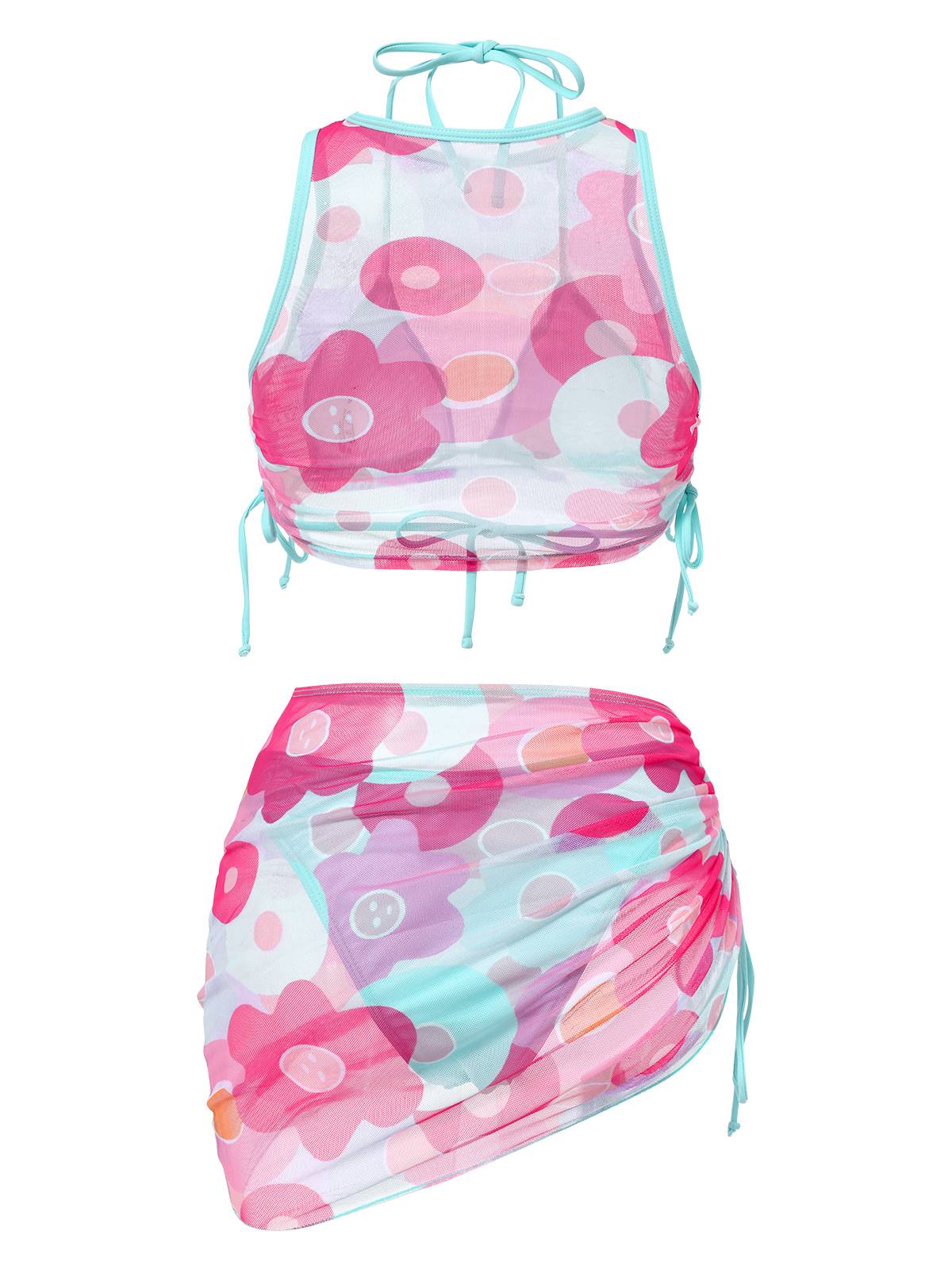 2PCS 1950s Blue Solid Swimsuit & Pink Floral Cover-Up - Image 3