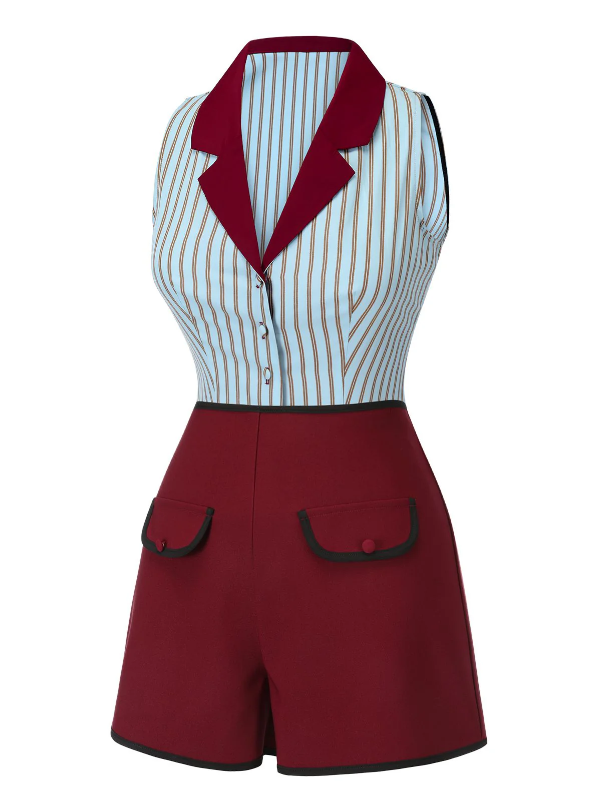 2PCS 1950s Blue Stripes Patchwork Blouse & Red Solid Shorts - Image 3