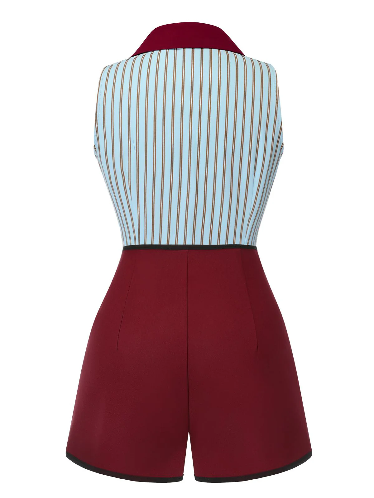 2PCS 1950s Blue Stripes Patchwork Blouse & Red Solid Shorts - Image 4