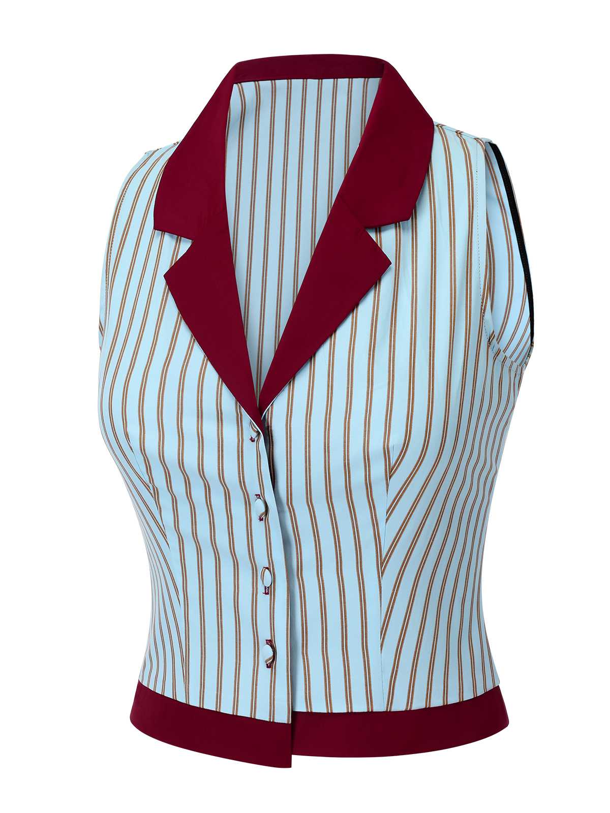 2PCS 1950s Blue Stripes Patchwork Blouse & Red Solid Shorts - Image 6