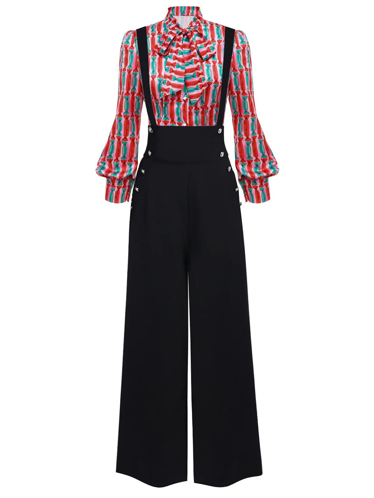 2PCS 1950s Candy Tie-Up Blouse & Black Suspender Pants - Image 2