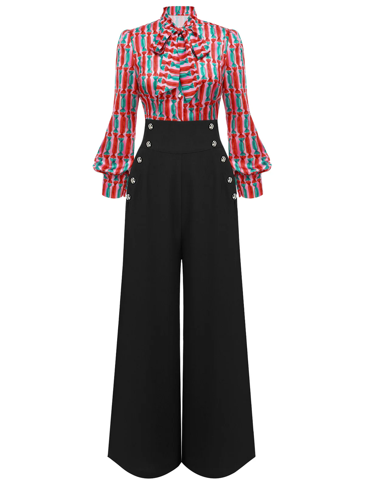 2PCS 1950s Candy Tie-Up Blouse & Black Suspender Pants - Image 3