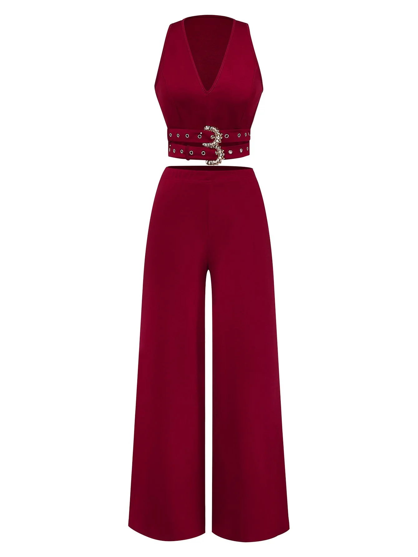 2PCS 1950s Deep-V Belted Detail Vest & Solid Pants - Image 2