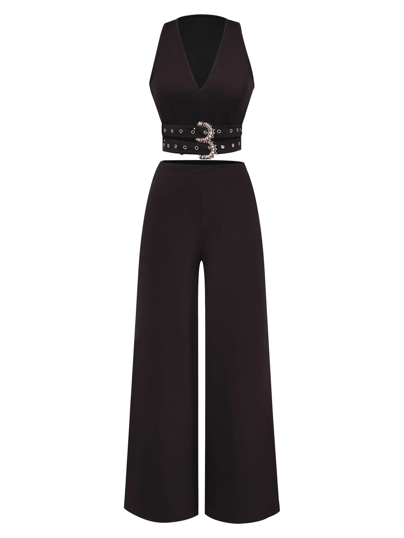 2PCS 1950s Deep-V Belted Detail Vest & Solid Pants - Image 8
