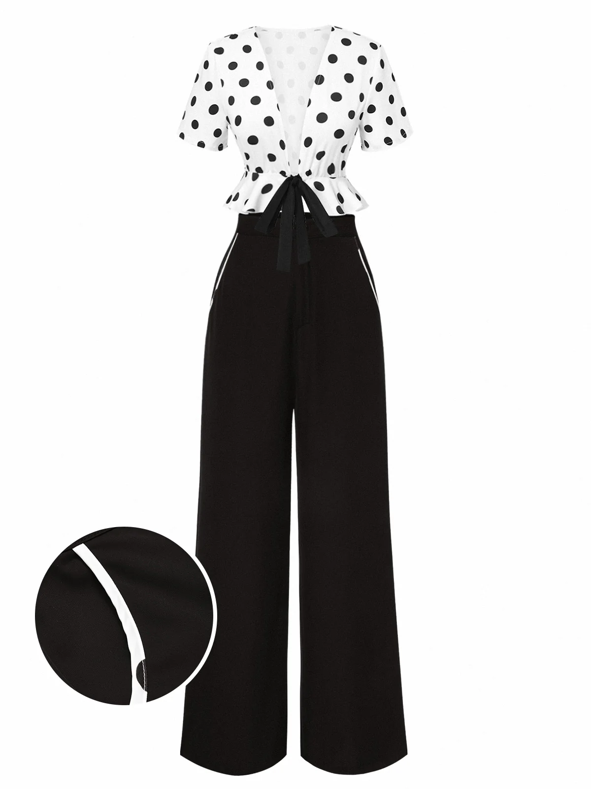 2PCS 1950s Deep V-Neck Polka Dots Top & Straight-Leg Pants - Image 2