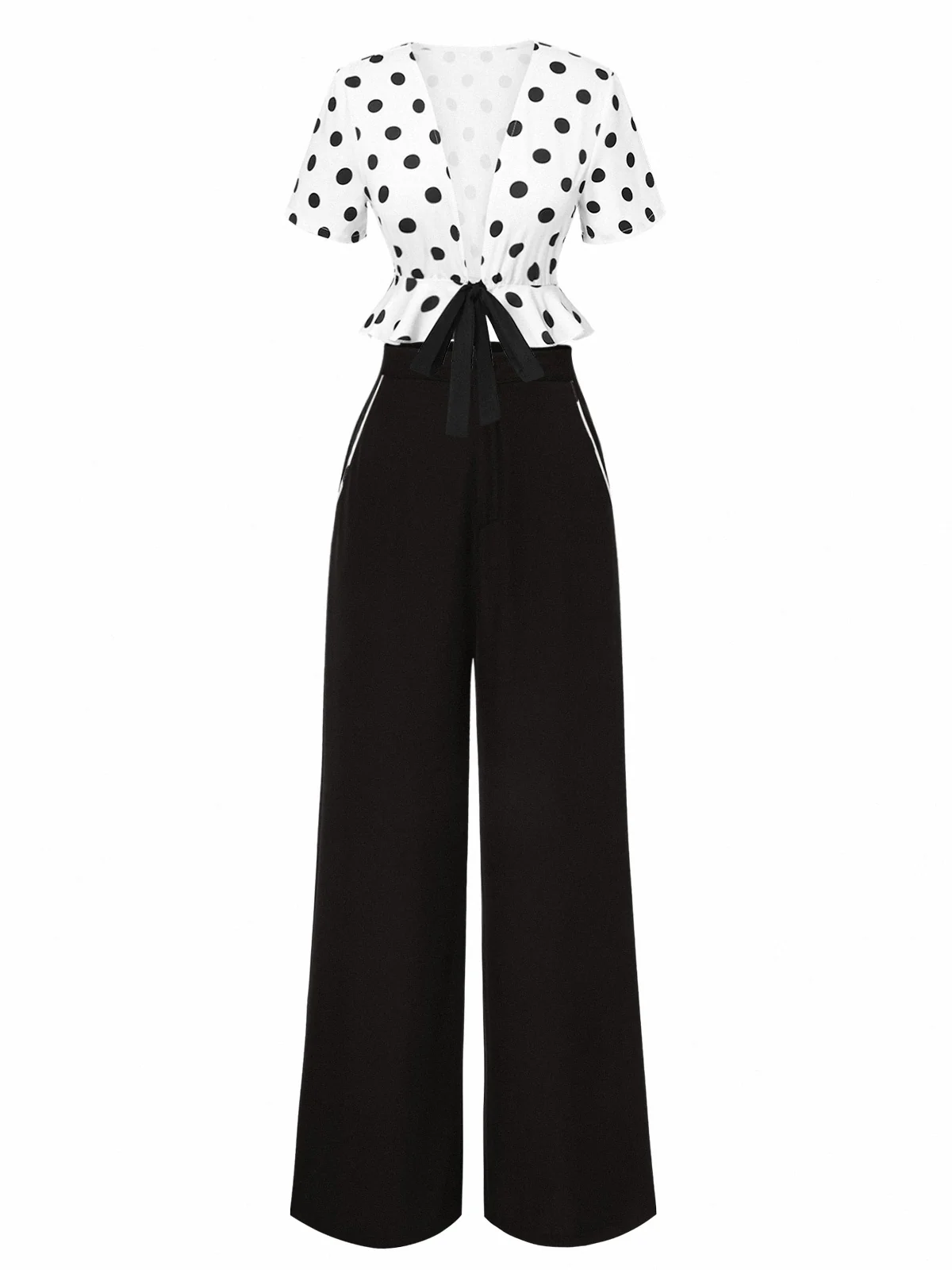 2PCS 1950s Deep V-Neck Polka Dots Top & Straight-Leg Pants - Image 3