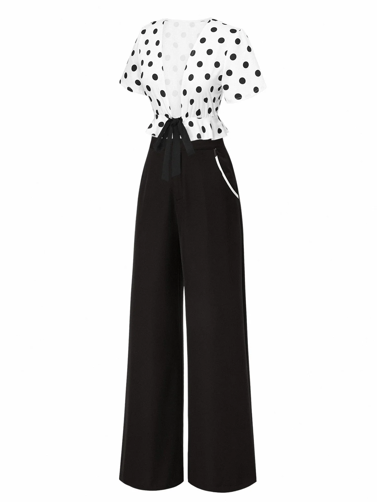 2PCS 1950s Deep V-Neck Polka Dots Top & Straight-Leg Pants - Image 4