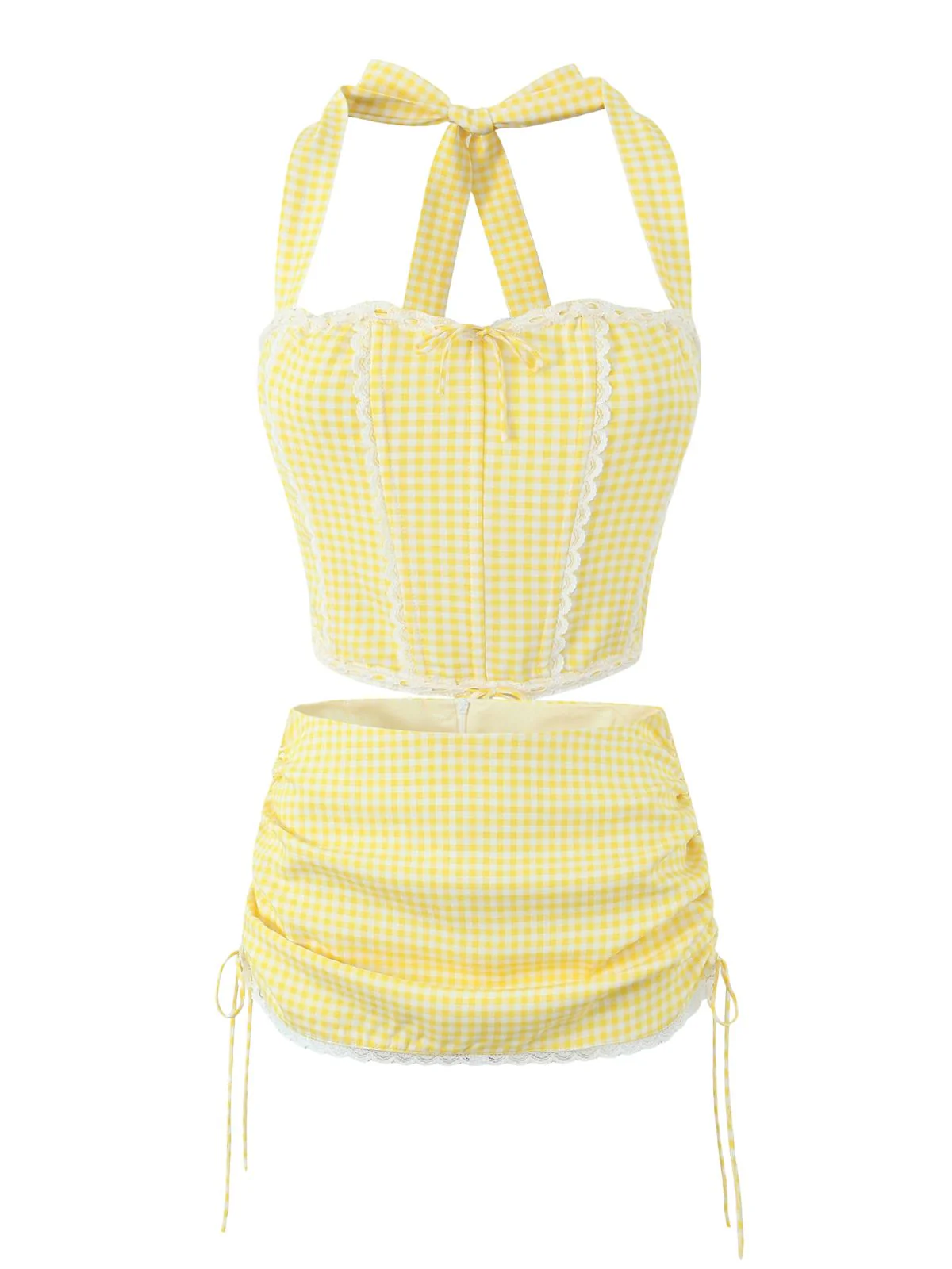 2PCS 1950s Gingham Plaid  Lace-Up Crop Camisole & Skirt - Image 6