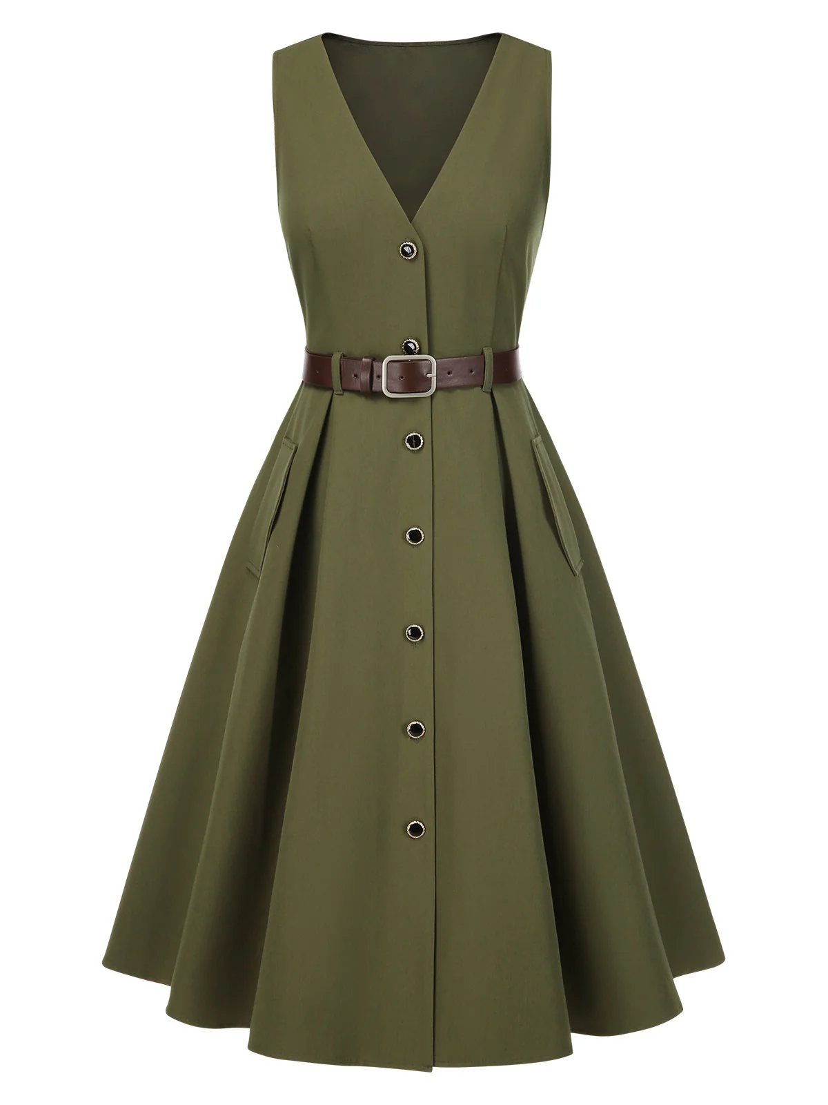 Green 1950s V-Neck Pockets Belted Vest Dress - Image 4