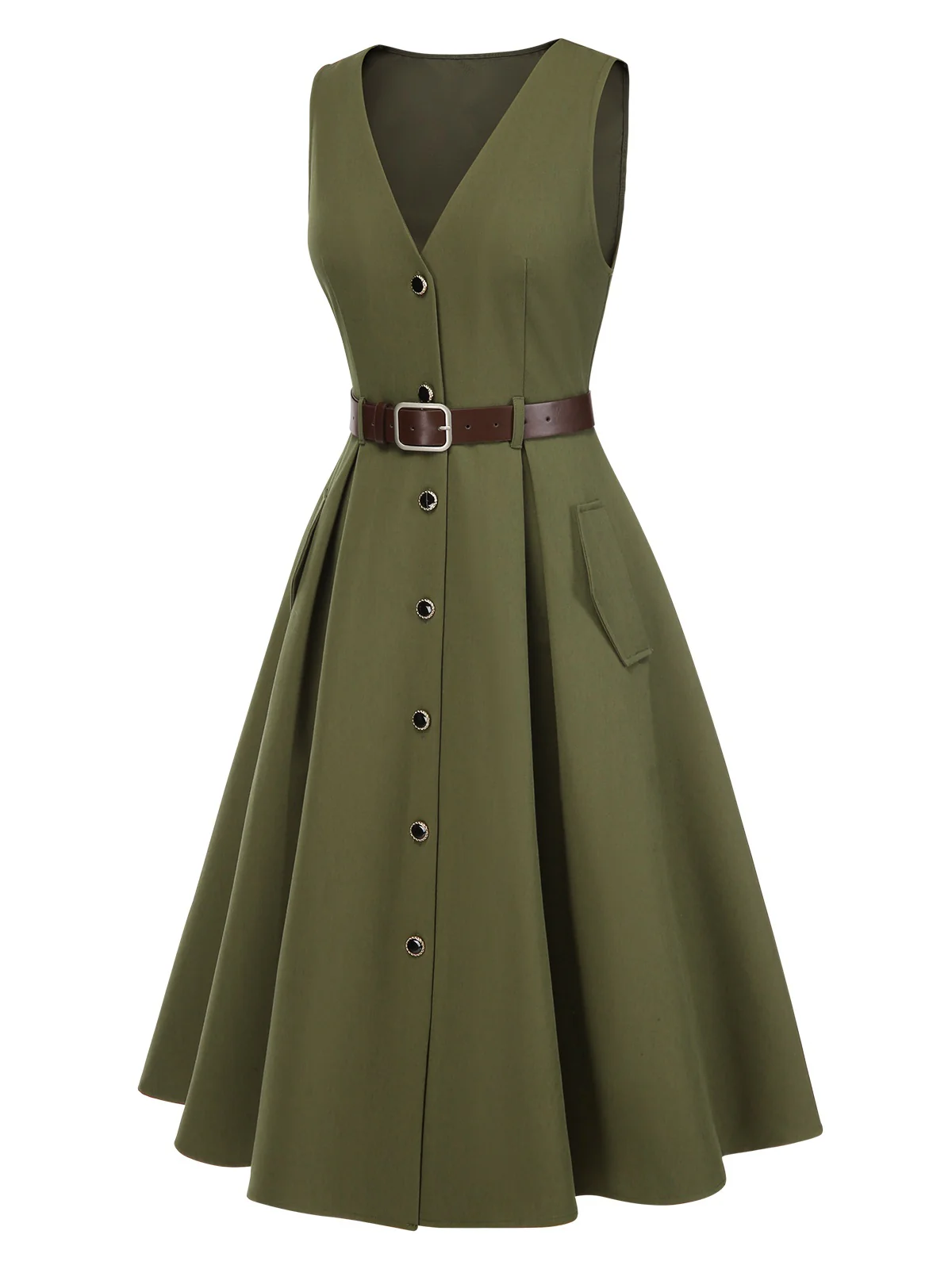 Green 1950s V-Neck Pockets Belted Vest Dress - Image 5