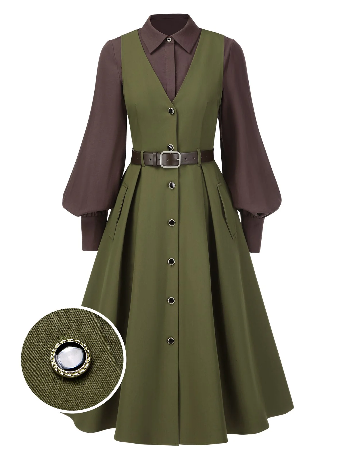 2PCS 1950s Lantern Sleeve Blouse & Pockets Vest Dress - Image 3