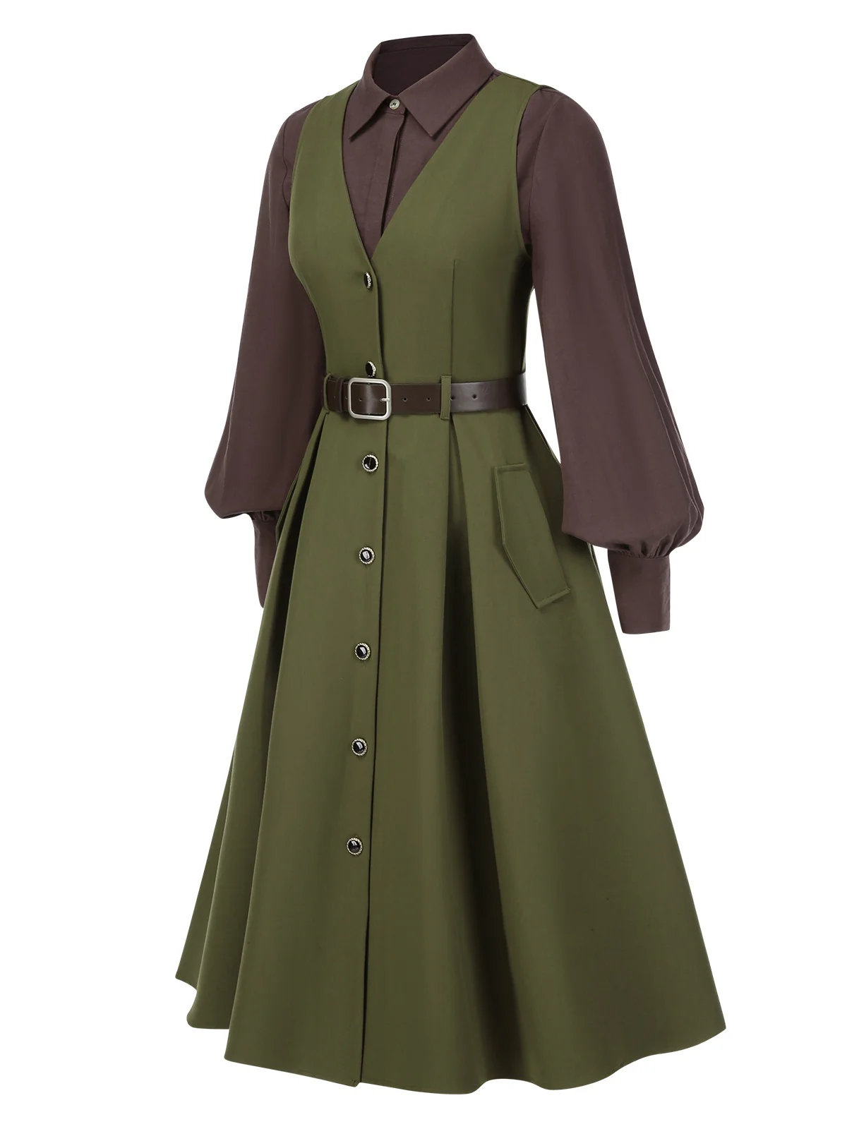 2PCS 1950s Lantern Sleeve Blouse & Pockets Vest Dress - Image 4