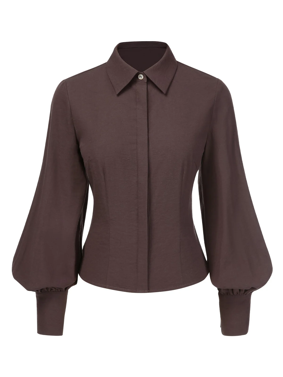 Brown 1950s Solid Lantern Sleeve Lapel Blouse - Image 4
