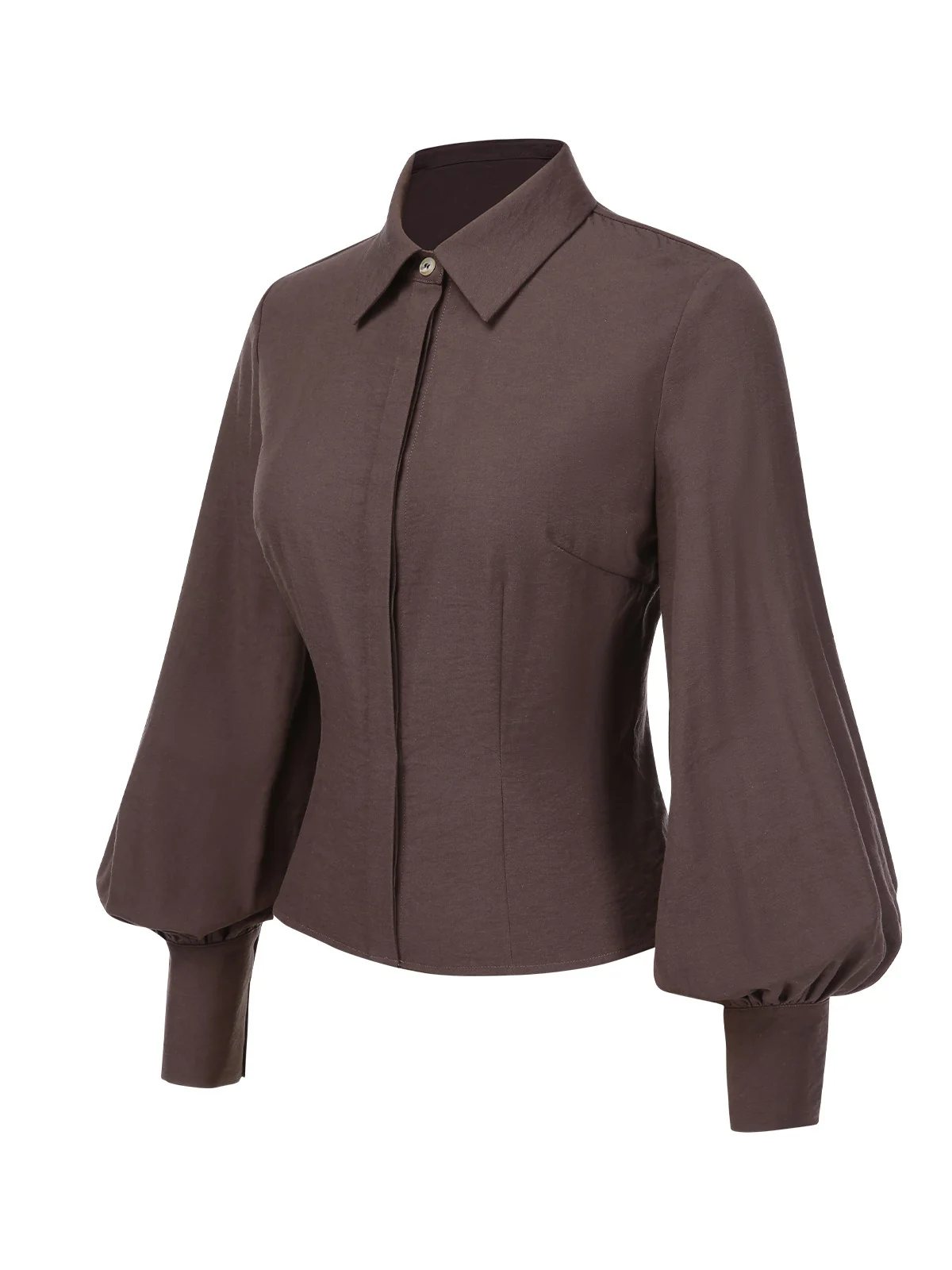 Brown 1950s Solid Lantern Sleeve Lapel Blouse - Image 5