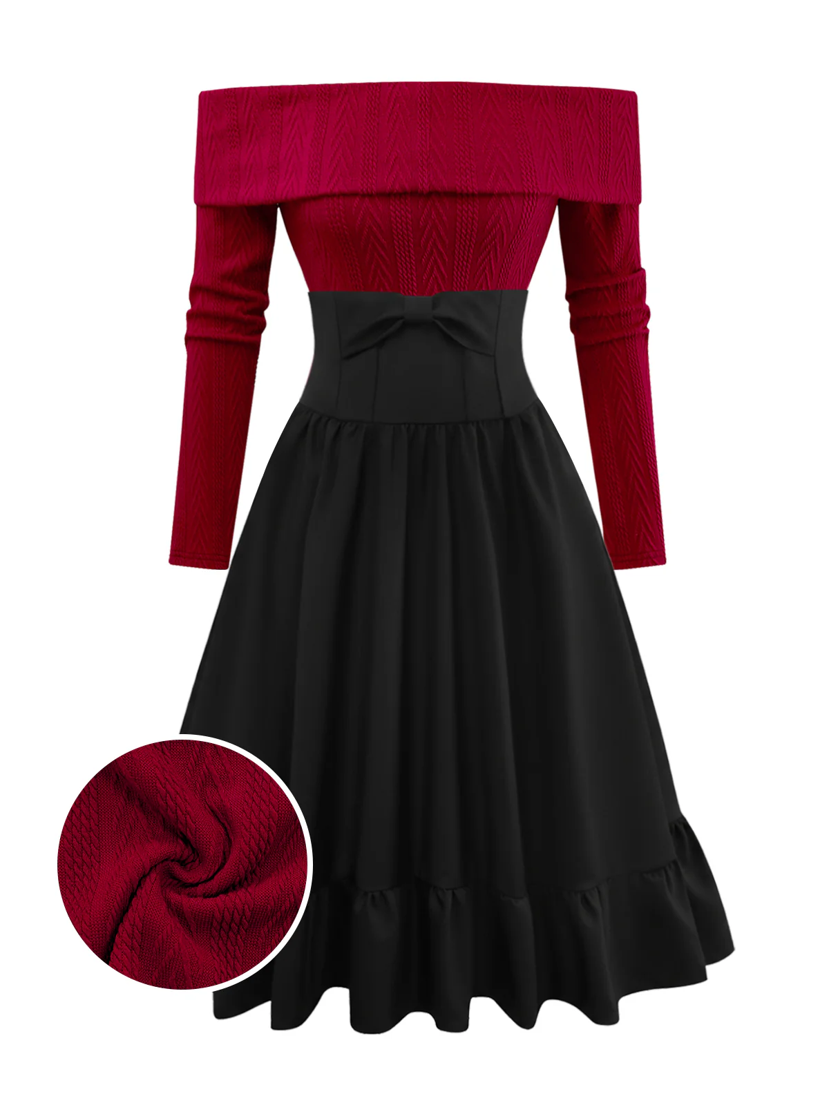 2PCS 1950s Off-Shoulder Knitted Sweater & Bow Skirt - Image 2
