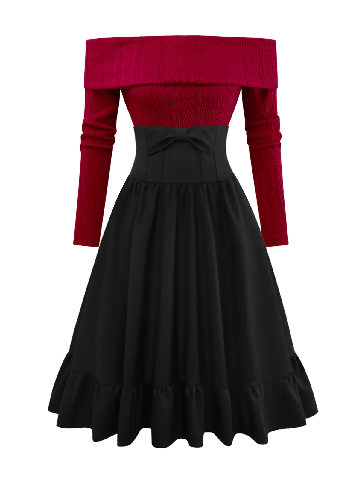 2PCS 1950s Off-Shoulder Knitted Sweater & Bow Skirt - Image 3