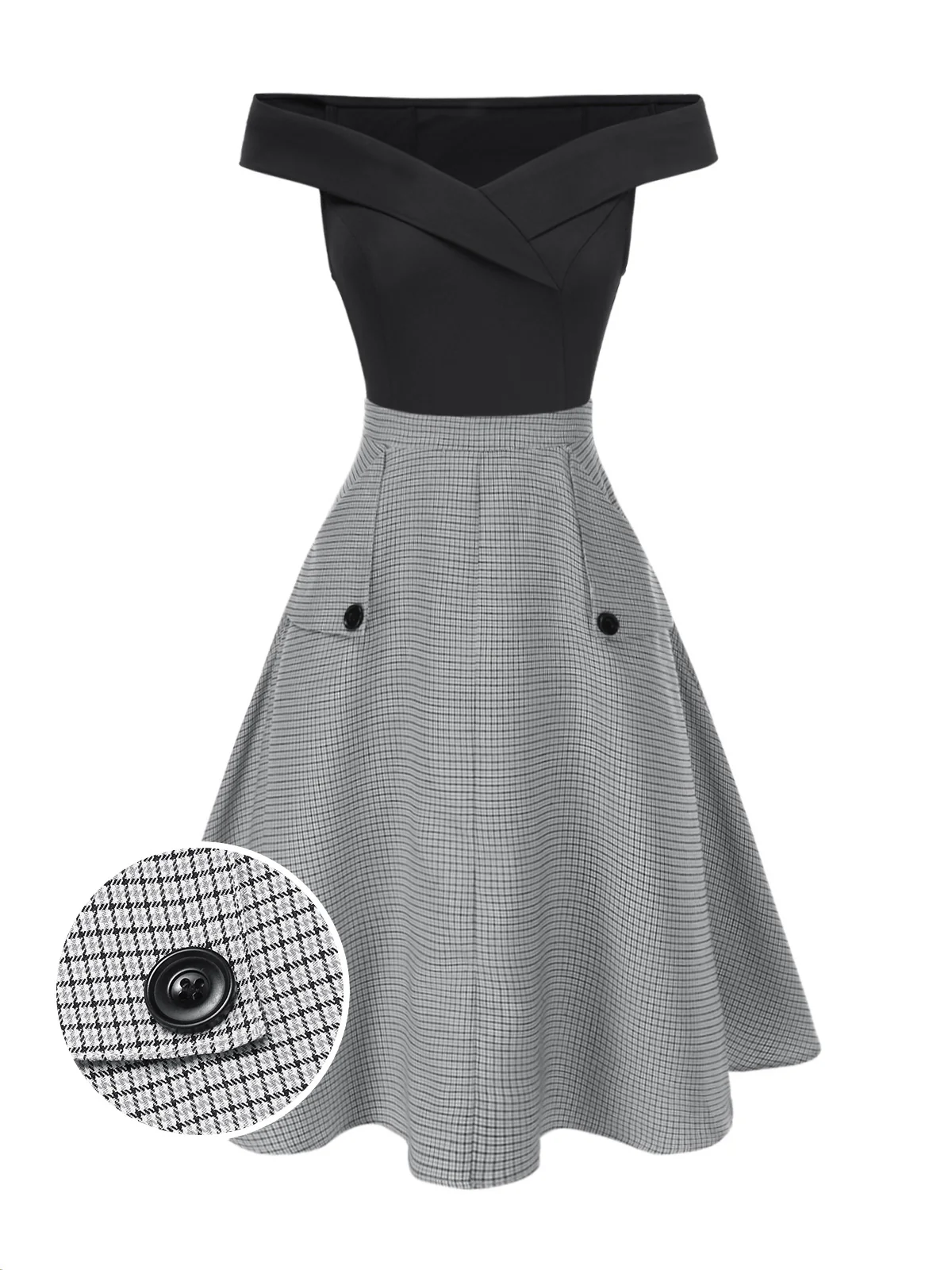 2PCS 1950s Off-Shoulder Top & Pocket Plaids Skirt - Image 2