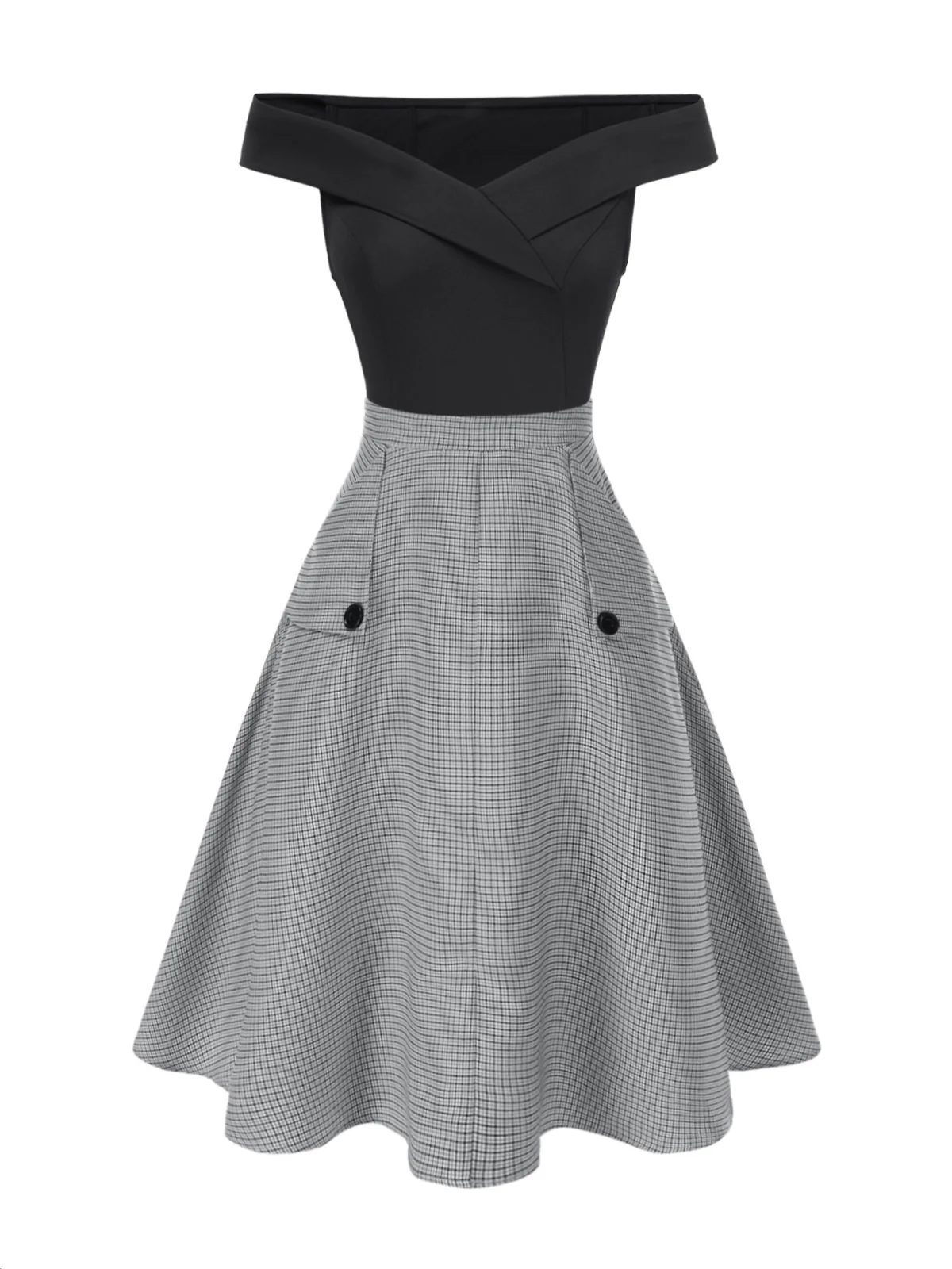 2PCS 1950s Off-Shoulder Top & Pocket Plaids Skirt - Image 3