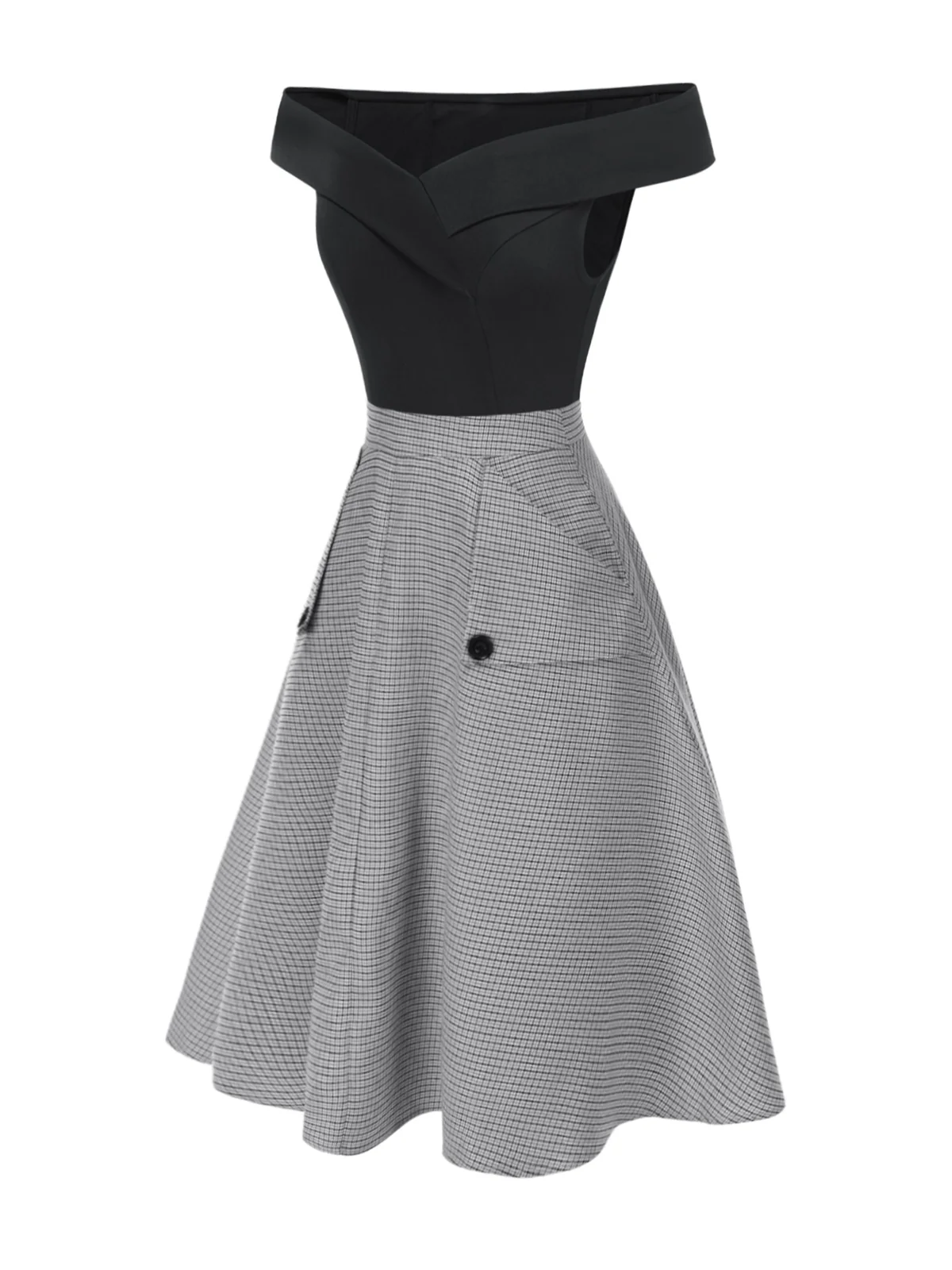 2PCS 1950s Off-Shoulder Top & Pocket Plaids Skirt - Image 4