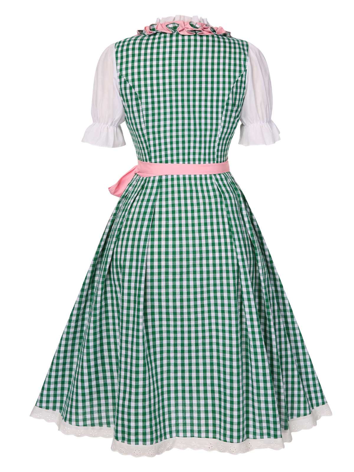 2PCS 1950s Oktoberfest White Top & Green Plaid Dress & Pink Apron - Image 2