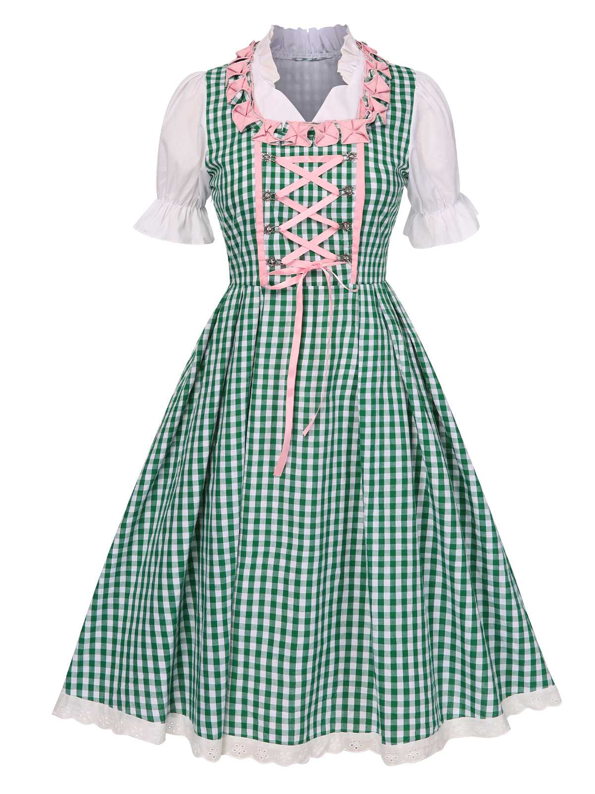 2PCS 1950s Oktoberfest White Top & Green Plaid Dress & Pink Apron - Image 3