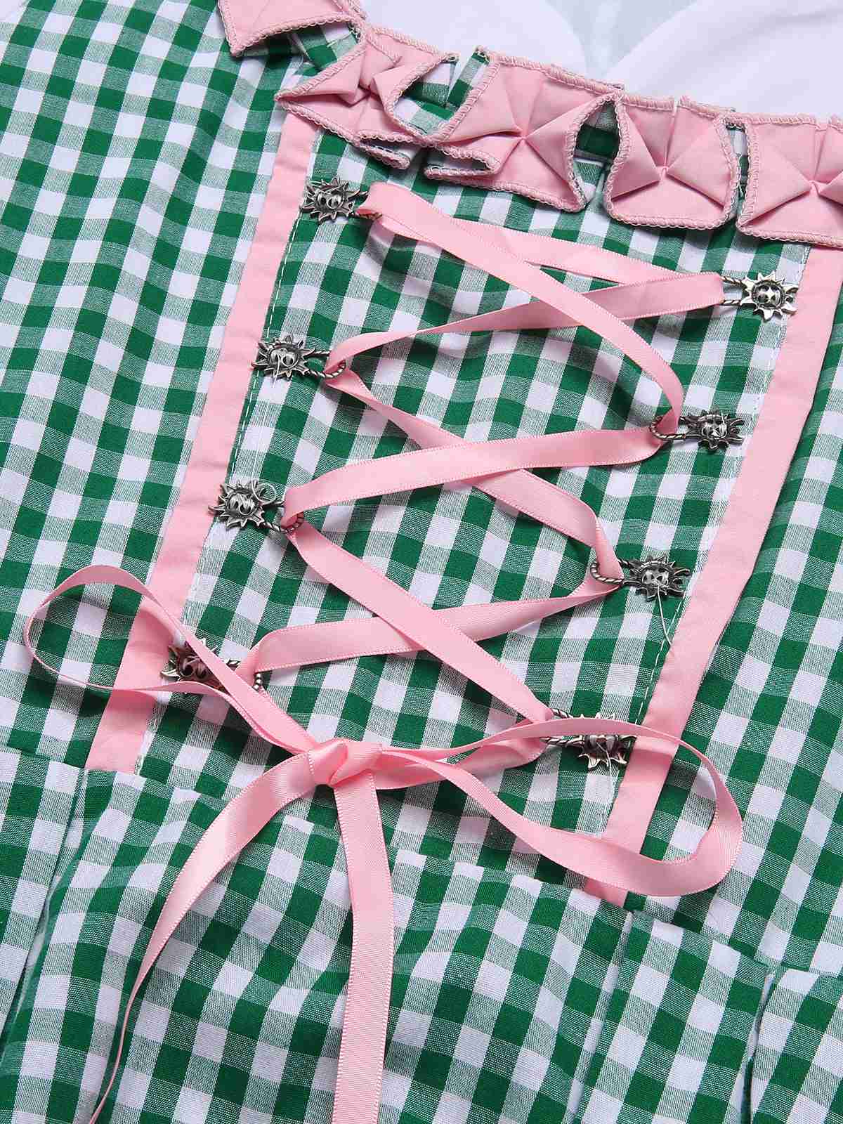 2PCS 1950s Oktoberfest White Top & Green Plaid Dress & Pink Apron - Image 4