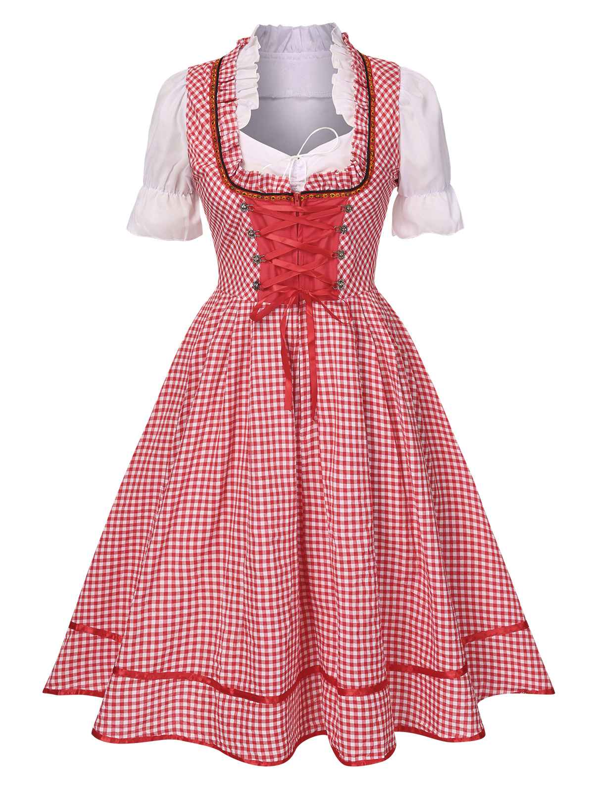 2PCS 1950s Oktoberfest White Top & Red Plaid Dress & Red Apron - Image 2
